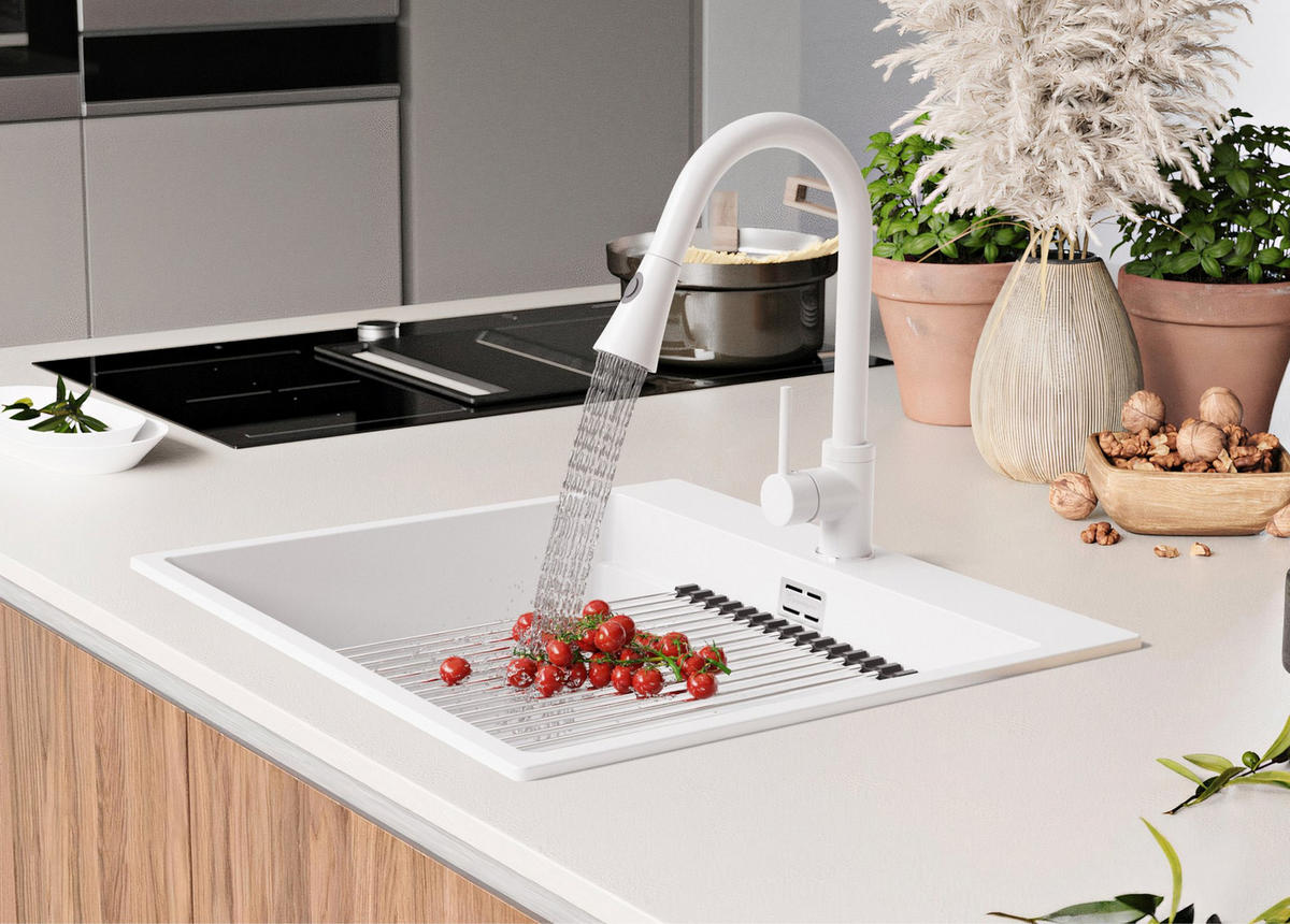 GRANITSPÜLE Oslo, 4-er set Weiß 58/53 cm, 1 Becken + Küchenarmatur 38/14 cm + Ablauf-Set + Aufrollbare Abtropffläche ab 60er Unterschrank - Chromfarben/Weiß, Kunststoff (58/20/53cm) - Primagran
