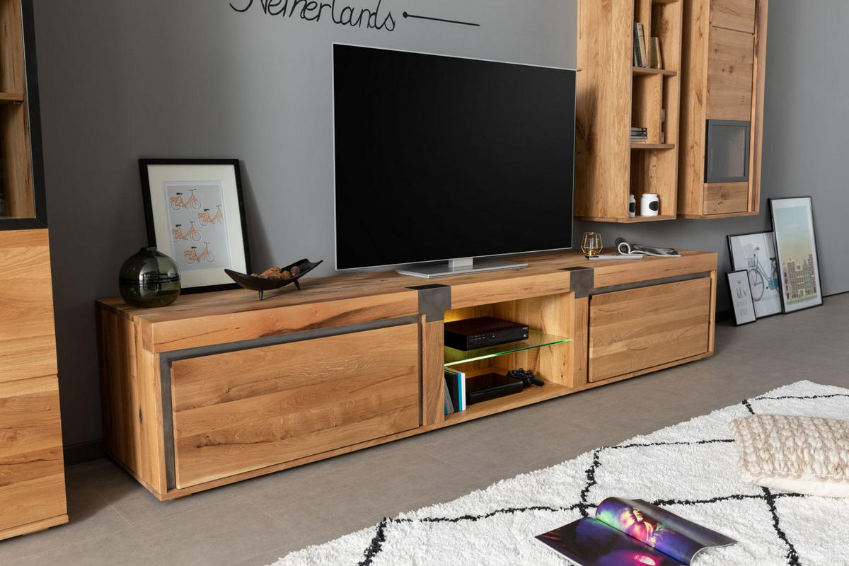 TV-BOARD Wildeiche / Zerreiche 260x48x50 natur geölt NEW AMSTERDAM #04 - Braun, Holz (260/50/48cm) - Massivmoebel24