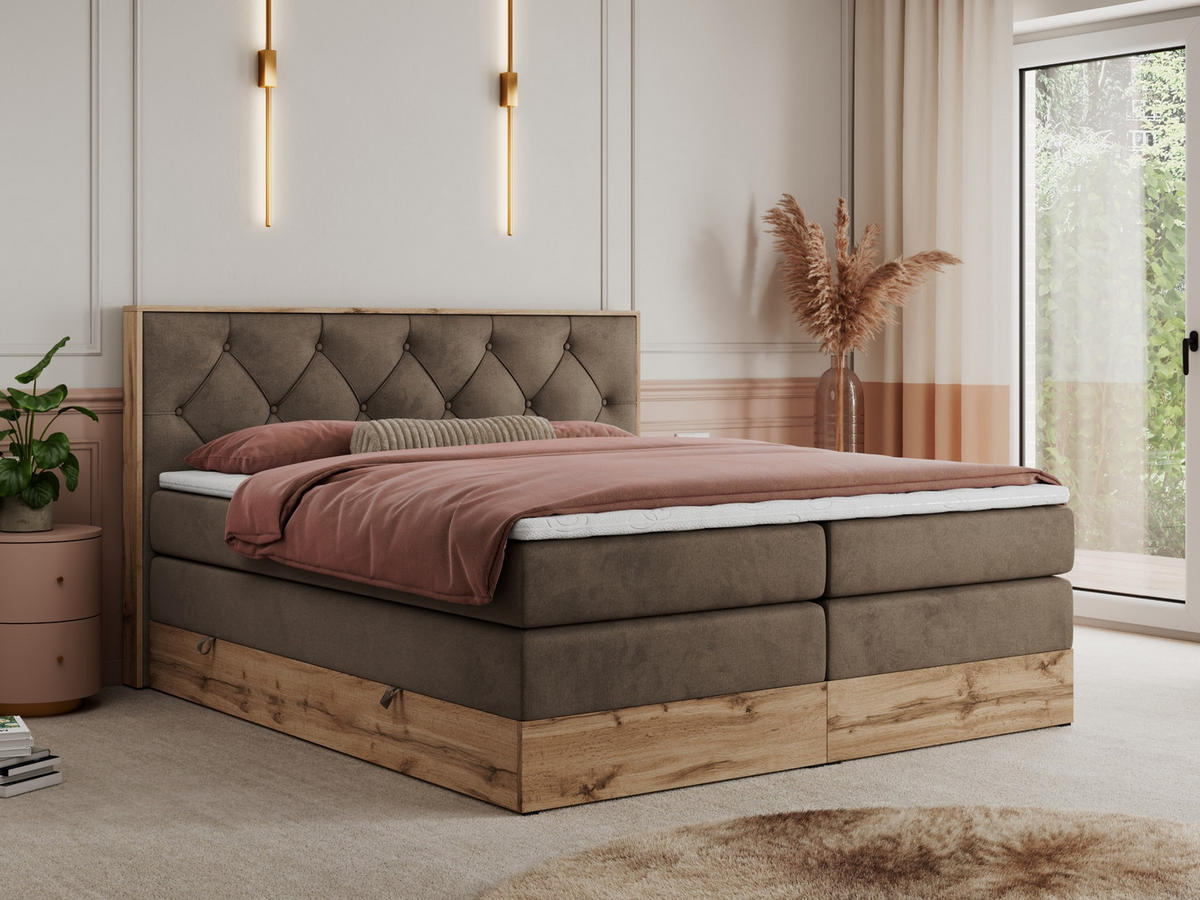 BOXSPRINGBETT VENETO KING 140/200 Braun Velvet - H3 - Braun, Holz/Textil (140/200cm) - MKS