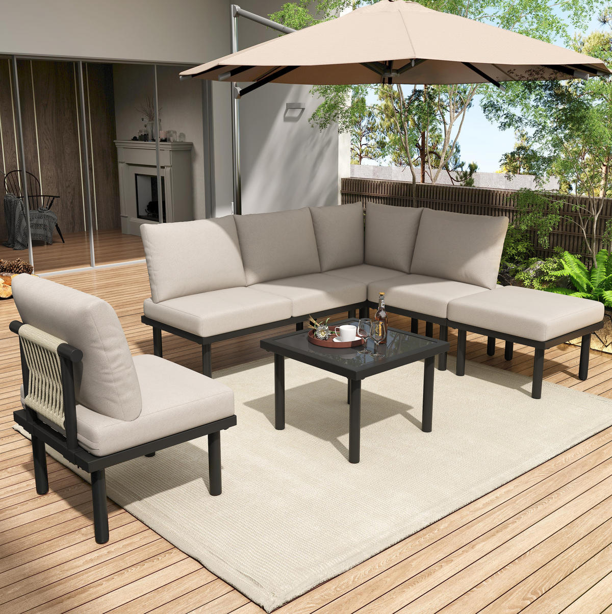 GARTEN-LOUNGESESSEL-SET 231/174/66 cm beige aus Olefin und verzinktem Stahl mit Kissen - Beige, Metall - OKWISH
