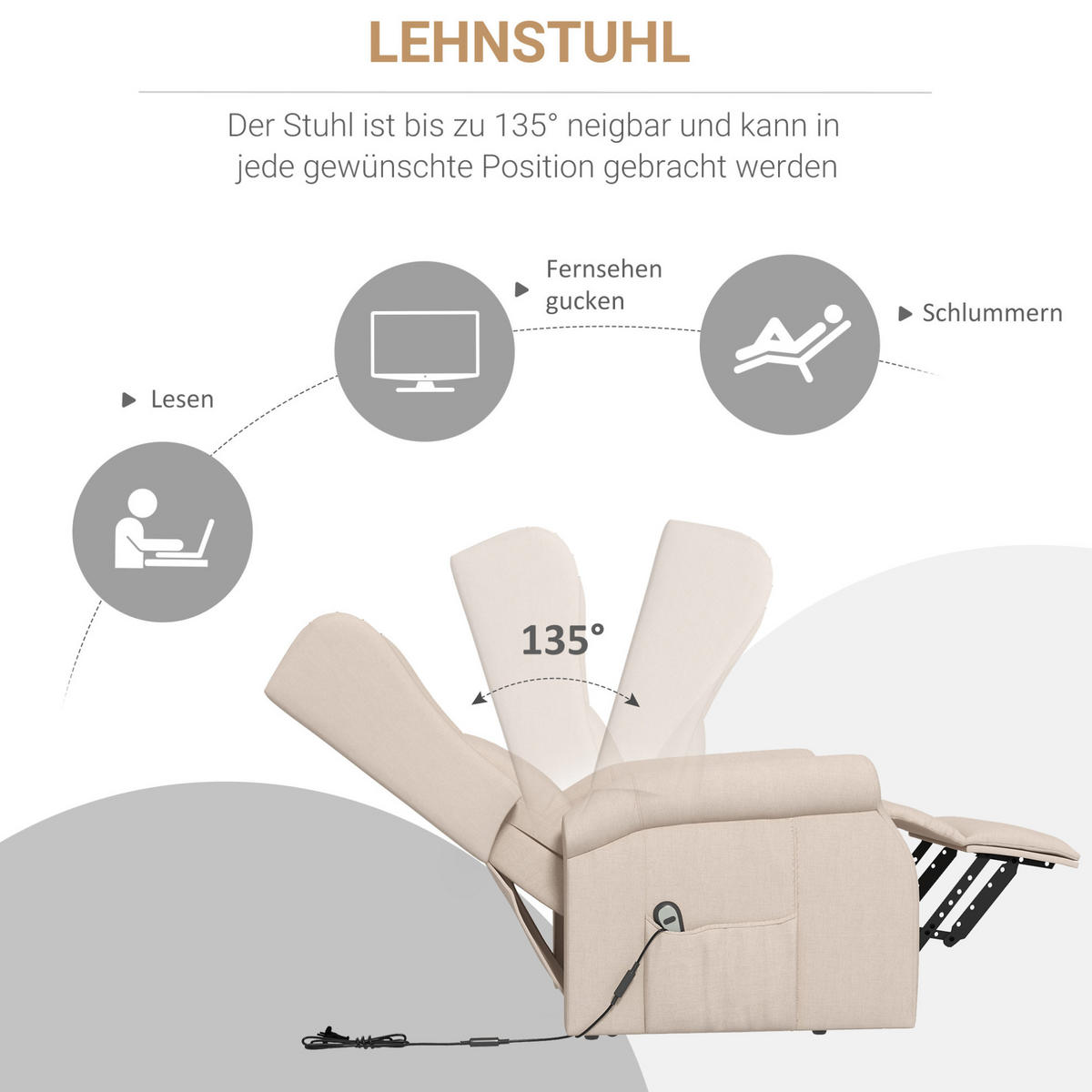 RELAXSESSEL mit elektrischer Liegefunktion, Aufstehhilfe 74/94/111 cm Cremeweiß - Creme, Holz (94/111/74cm) - Redom