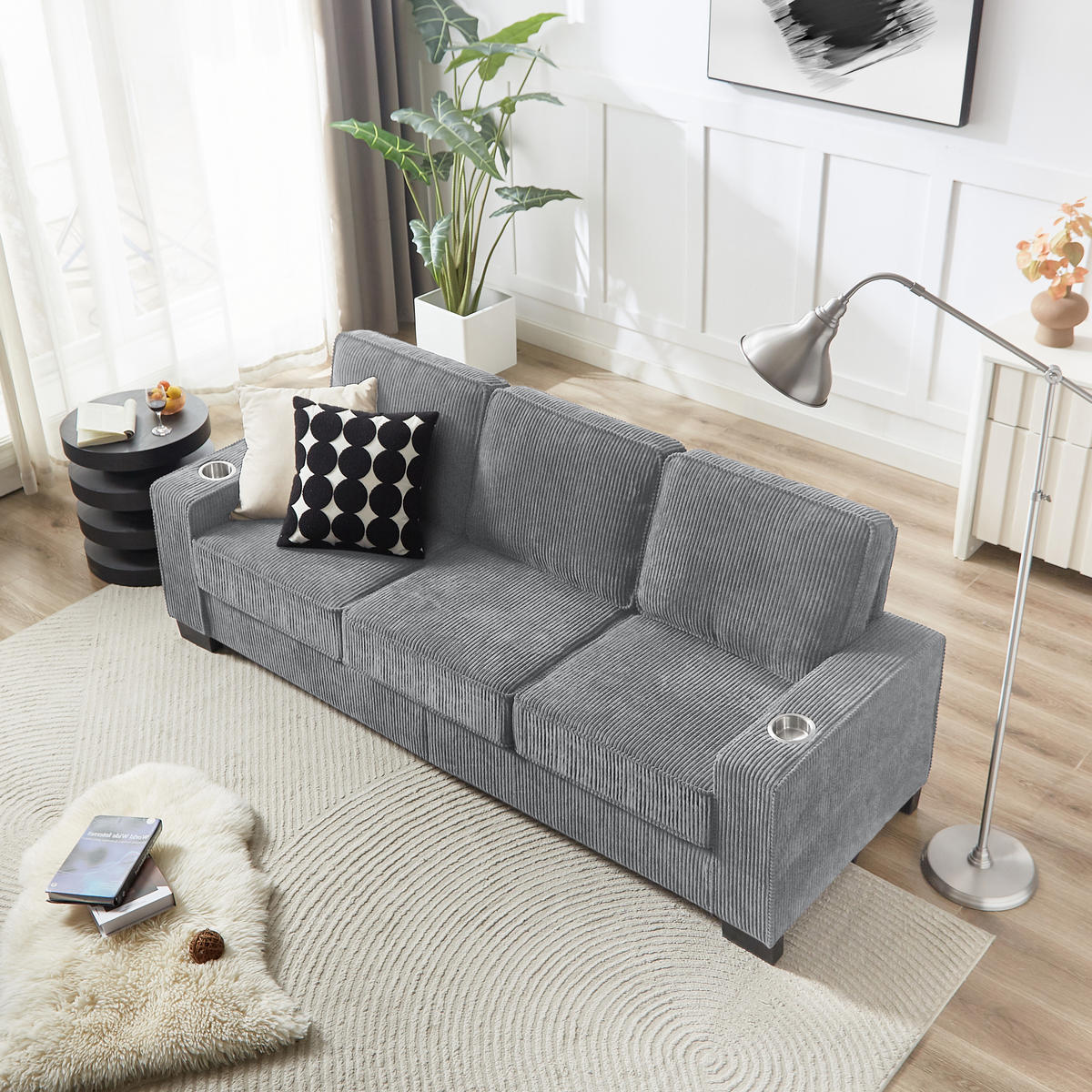 3-SITZER-SOFA DE-35029 mit Getränkehaltern Grau - Grau, Textil (72/86/206cm) - ComfortXL