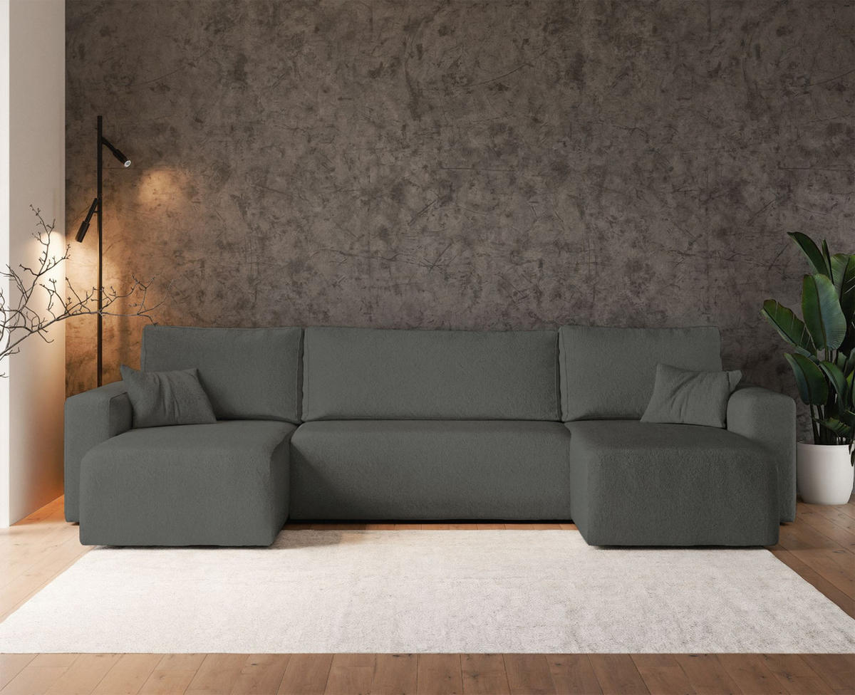 WOHNLANDSCHAFT Pianoni Dunkelgrau Bouclé-Bezug - Dunkelgrau/Schwarz, Kunststoff/Textil (312/83/140cm) - Selsey