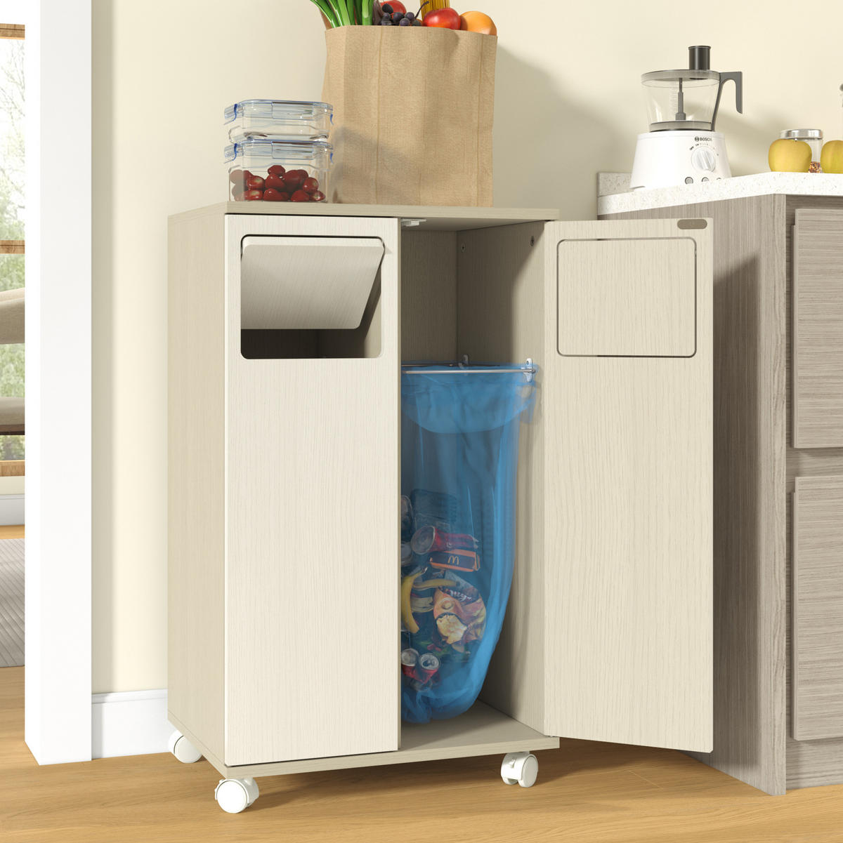 KOMMODE 46,7/35/80 cm mit 2 Fächern, Rollen und 180° Türen aus MDF, Weiß - Weiß, Holzwerkstoff (46/80/35cm) - Redom