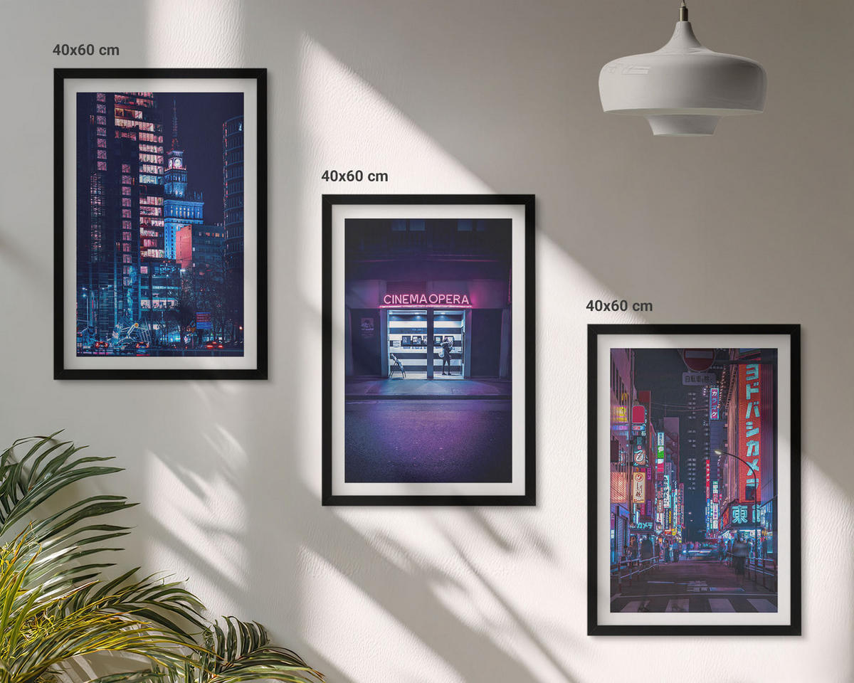 BILDER SET 3er Set - 40x60 cm Schwarzer Rahmen - Neon-Eingang zur nächtlichen Stadt - Schwarz, Kunststoff (40/60cm) - TULUP