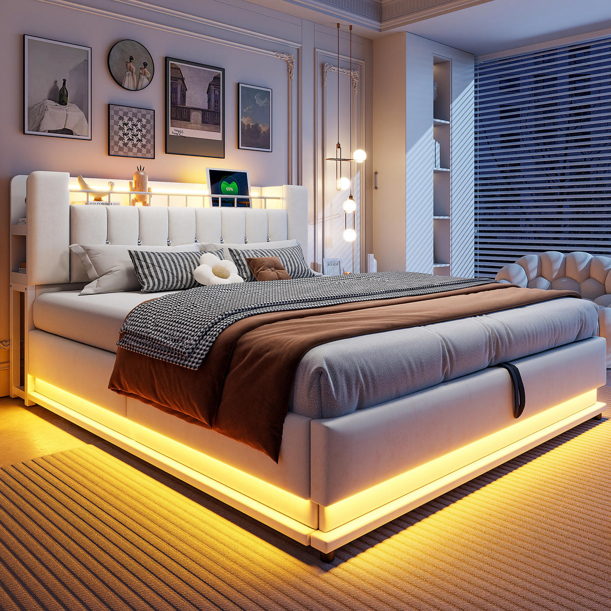 POLSTERBETT 180/200 cm Beige mit LED-Beleuchtung und Stauraum Samtbezug - Beige, Textil (180/200cm) - OKWISH
