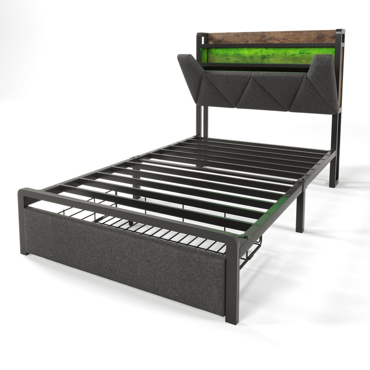 POLSTERBETT 90/200 cm mit LED, USB-C, Stauraum-Kopfteil, Schublade und Matratze, Grau - Grau, Textil (90/200cm) - Redom