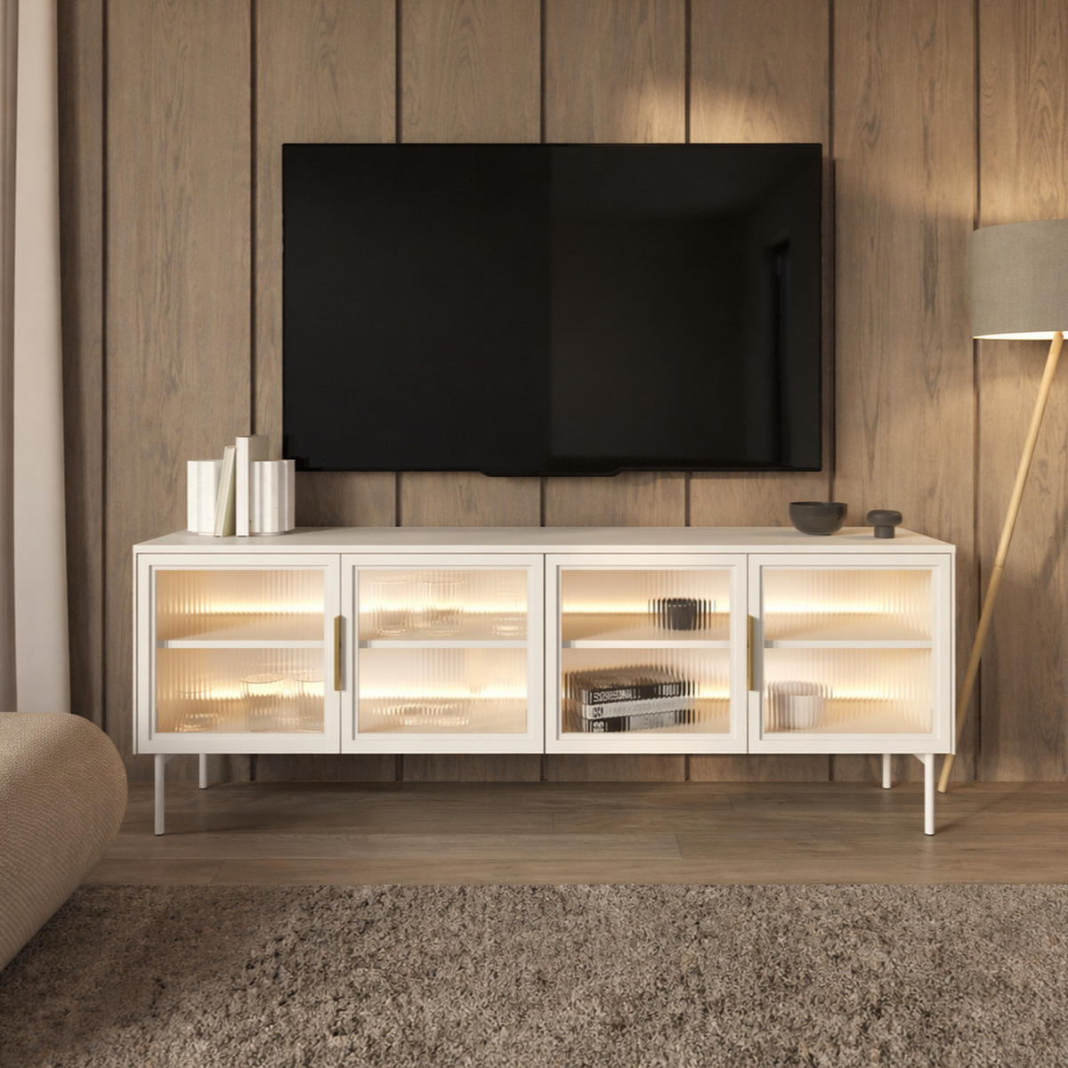 TV-LOWBOARD LUMI 181 cm Kaschmir - mit 4 Glastüren (Riffelglas) und LED - Kaschmir/Goldfarben, Holz/Holzwerkstoff (181/62/39cm) - Ravio