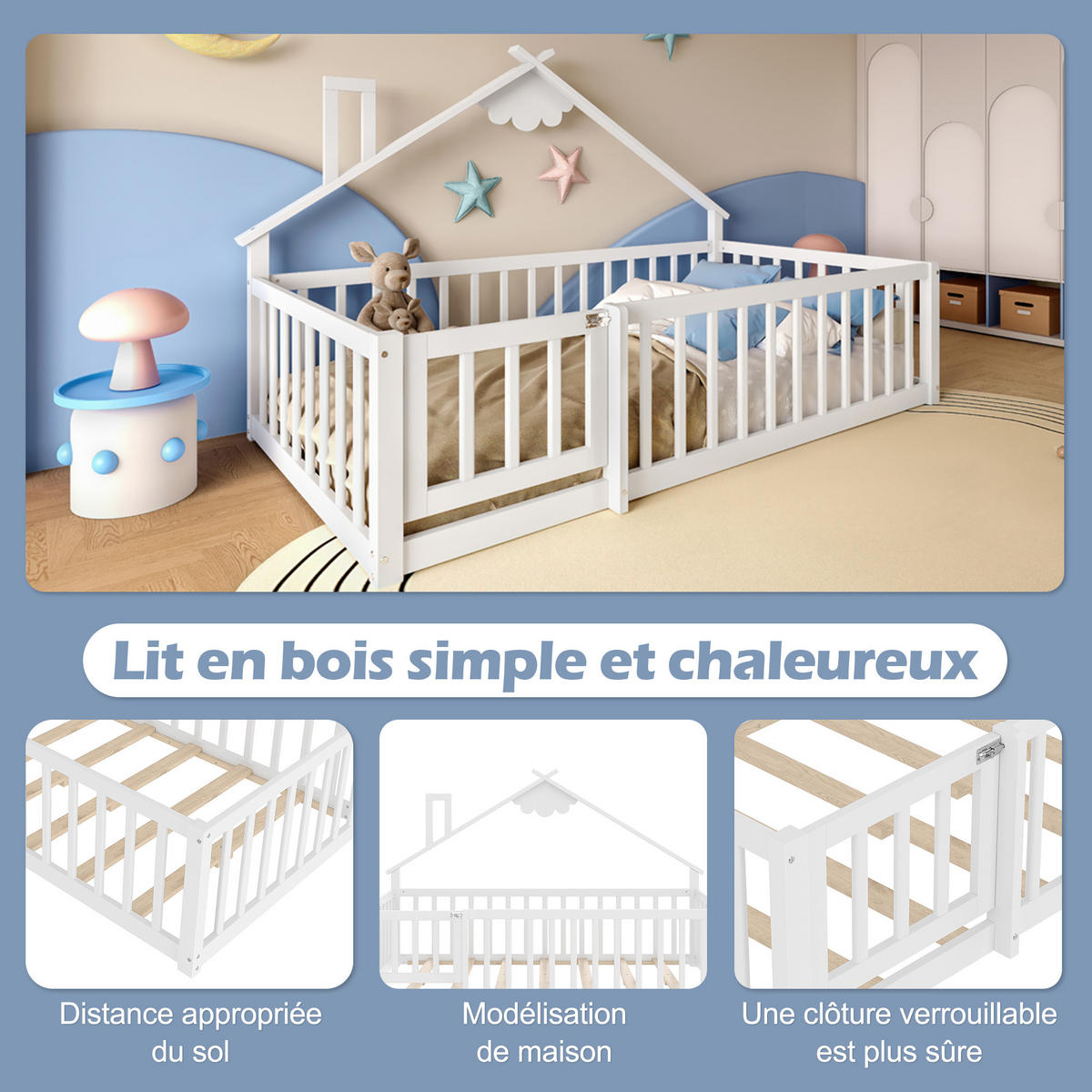 FLACHBETT 90x190cm Weiß Kiefer Kinderbett Hausleiste Geländer - Weiß, Holz (90/190cm) - FLIEKS