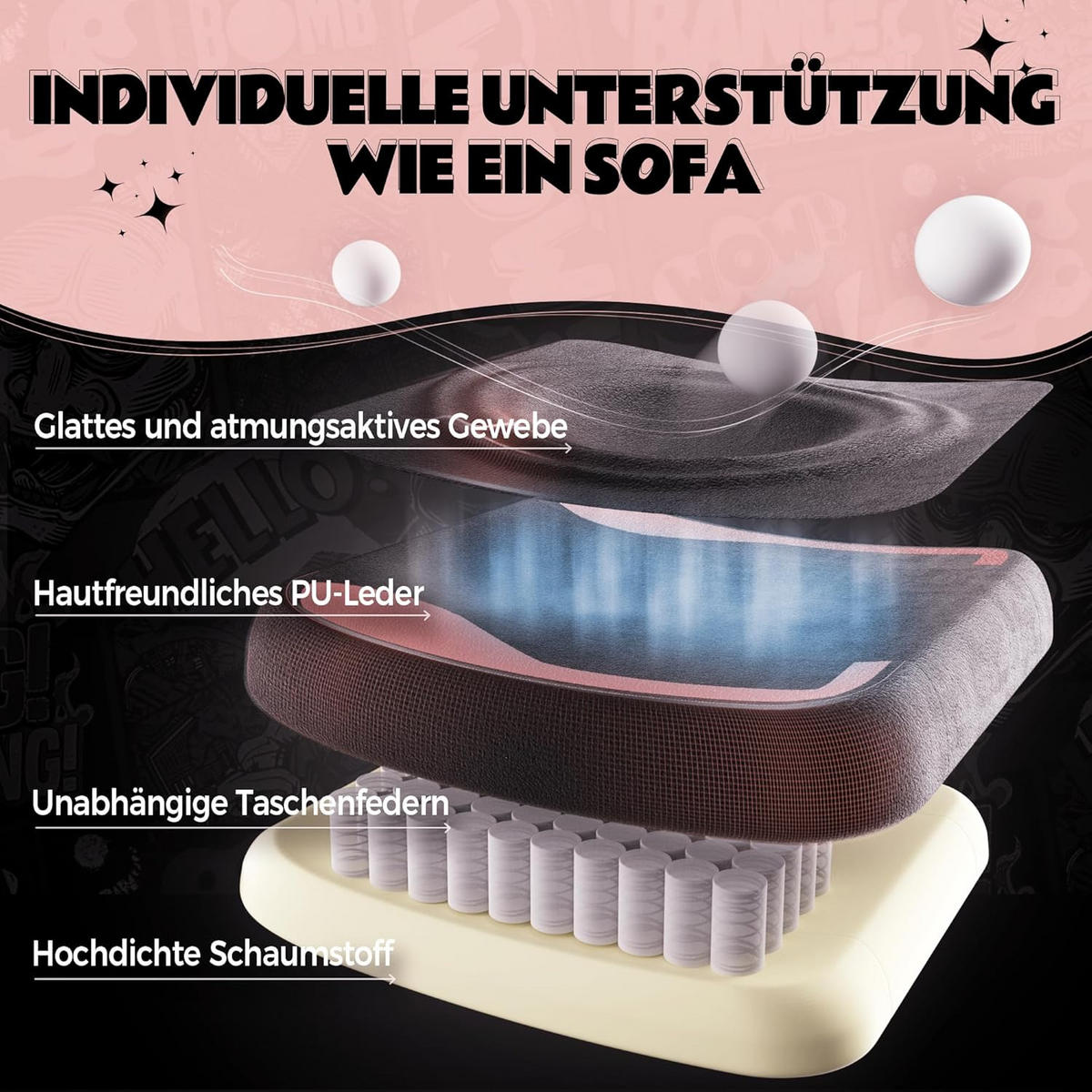 GAMING-STUHL Ergonomischer & Fußstütze Bürostuhl & Lendenwirbelstütze - Schwarz, Leder (52/126/49cm)