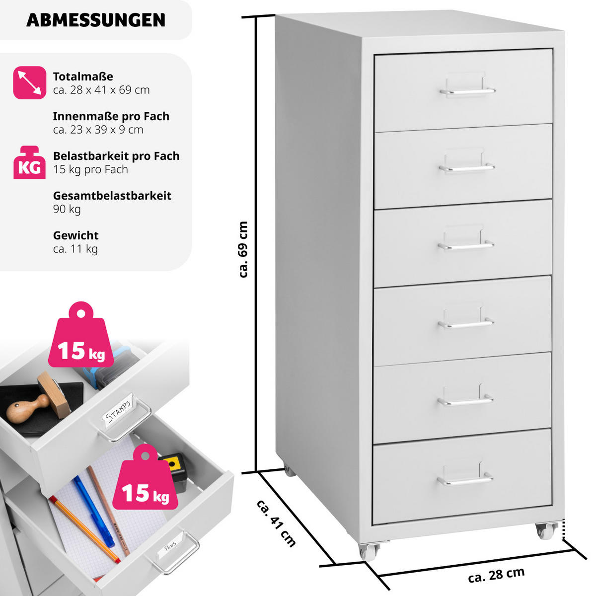 ROLLCONTAINER ,einfache Montage, 41 x 28 x 69 cm,hellgrau - Hellgrau, Metall (28/69/41cm) - tectake