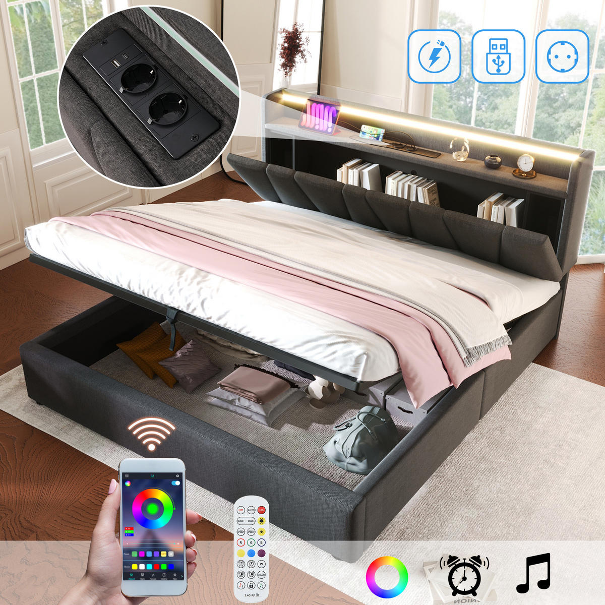 POLSTERBETT 140/190 cm mit LED, USB, Steckdosen, Stauraum-Kopfteil und Bettkasten, Leinen, Grau - Grau, Textil (140/190cm) - Redom