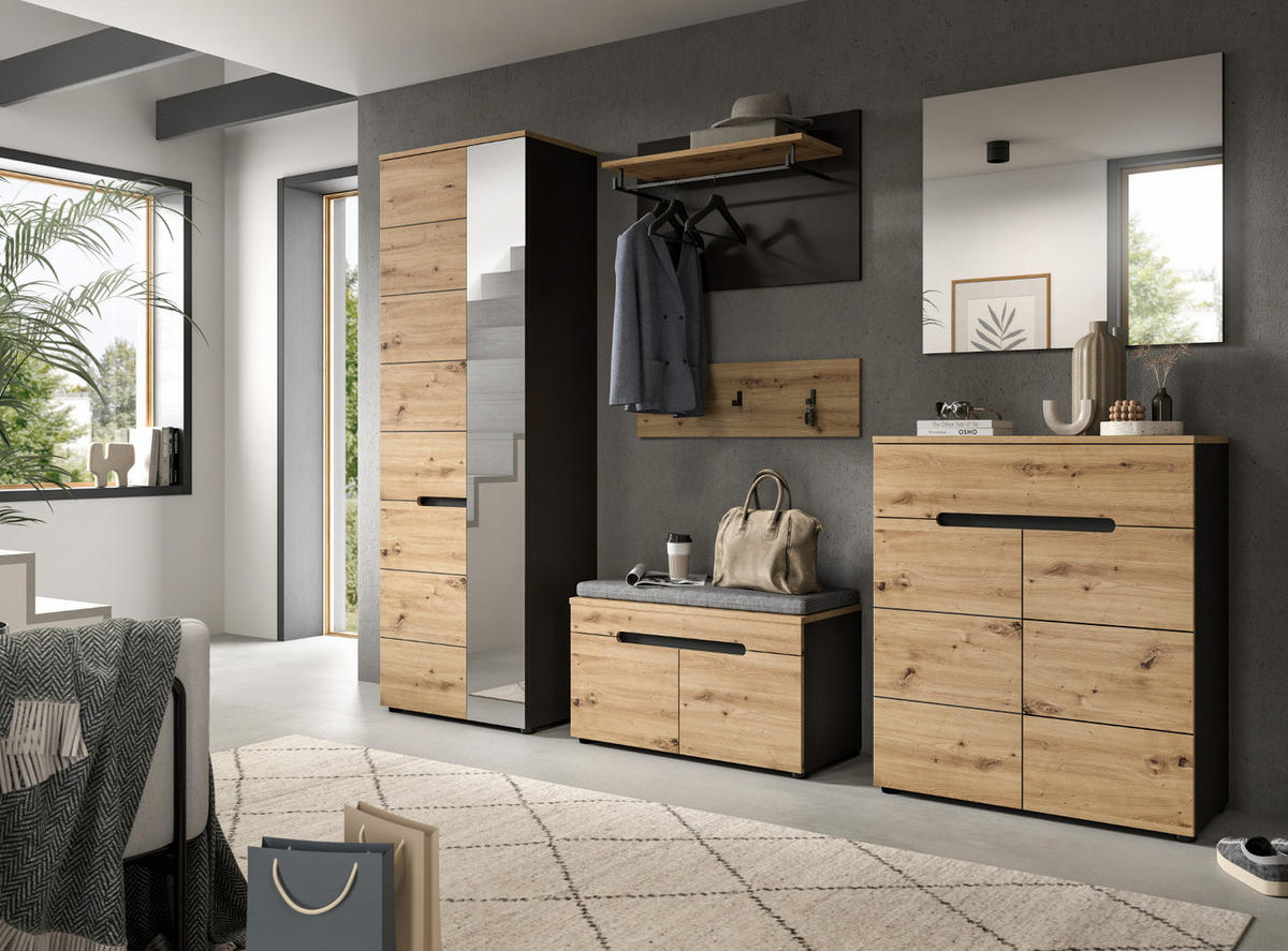 GARDEROBE Set 4-teilig Eiche Artisan und grau 160 cm, mit Soft-Close - Schwarz/Eiche Artisan, Glas/Holzwerkstoff (160/190/37cm) - Inn.Furn