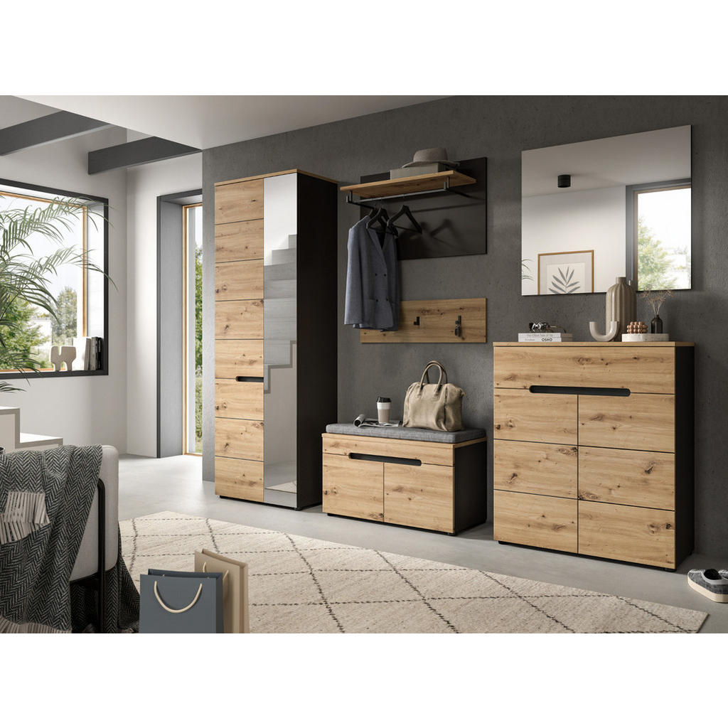 Thumbnail - Inn.Furn Garderobe, Eiche Artisan, Grau, Holzwerkstoff, Nachbildung,Eiche, Holz Optik, Uni, 1-Sitzer, 7 Fächer, 1 Schubl...