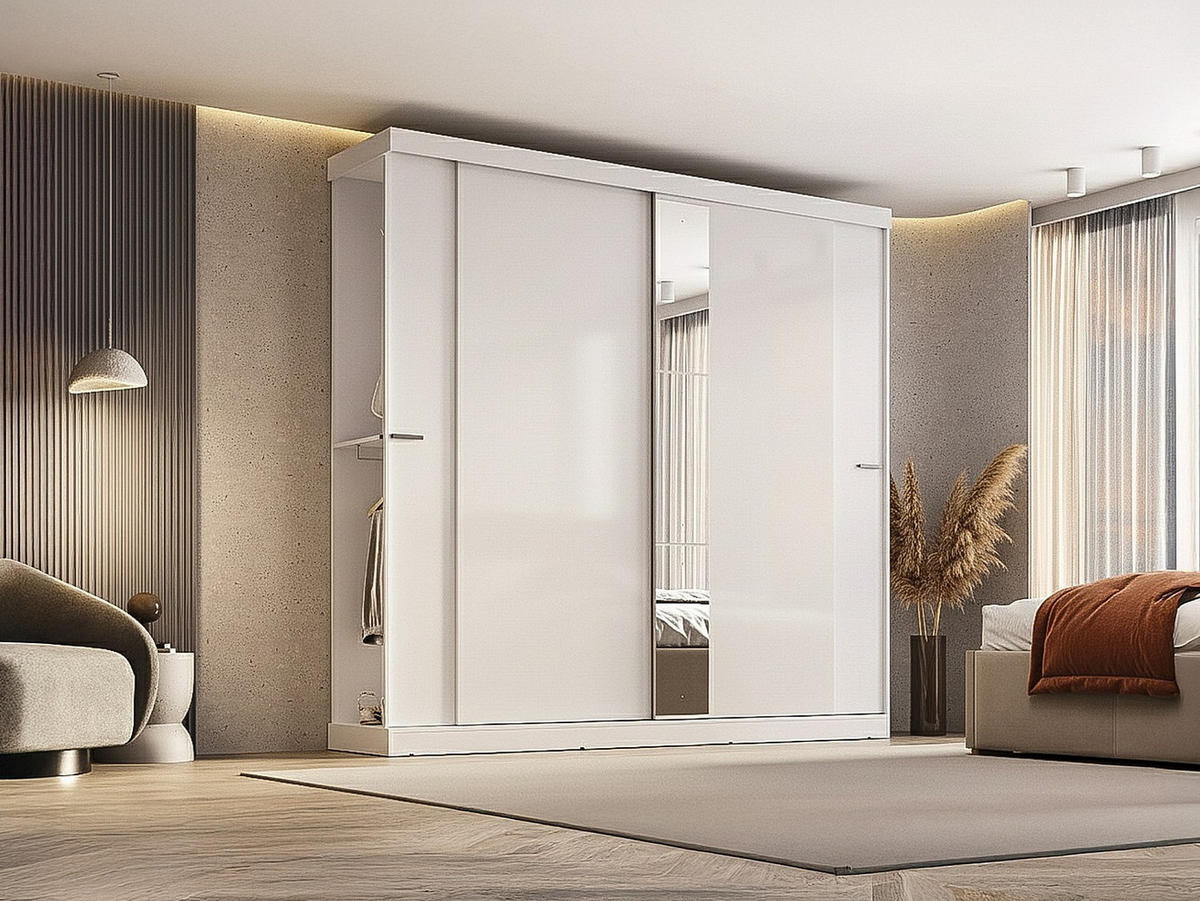 KLEIDERSCHRANK mit 2 Schiebetüren + Spiegel - B. 231 cm - Weiß - ADALRIK II - Weiß, Holz (231/219/51.8cm) - Vente-Unique