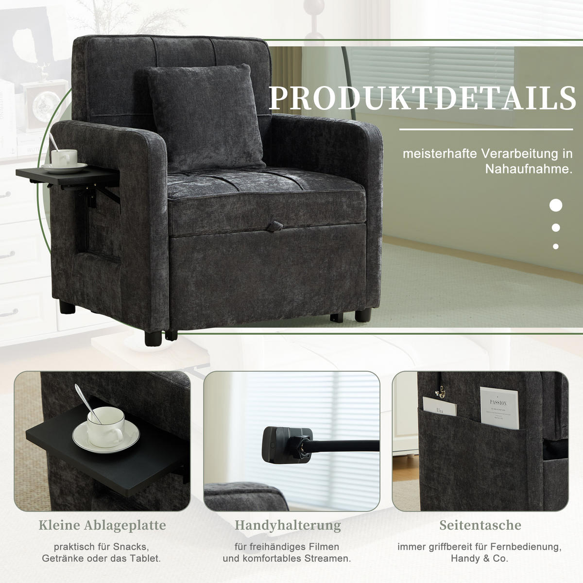 SOFA Chenille Dunkelgrau mit Kissen, Stauraum und Handyhalterung - Dunkelgrau, Textil/Metall (79/83/167cm) - WISHDOR
