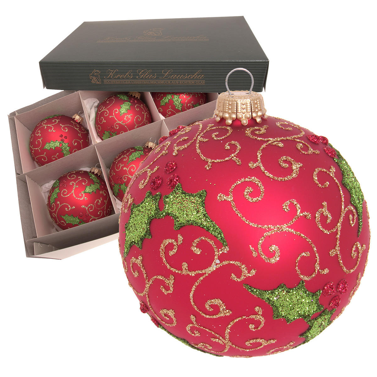 CHRISTBAUMKUGELN Stechpalme und Strudel Rot 8cm (Glas / 6 Stk.) - Rot, Glas (8/8/8cm) - Krebs Glas Lauscha