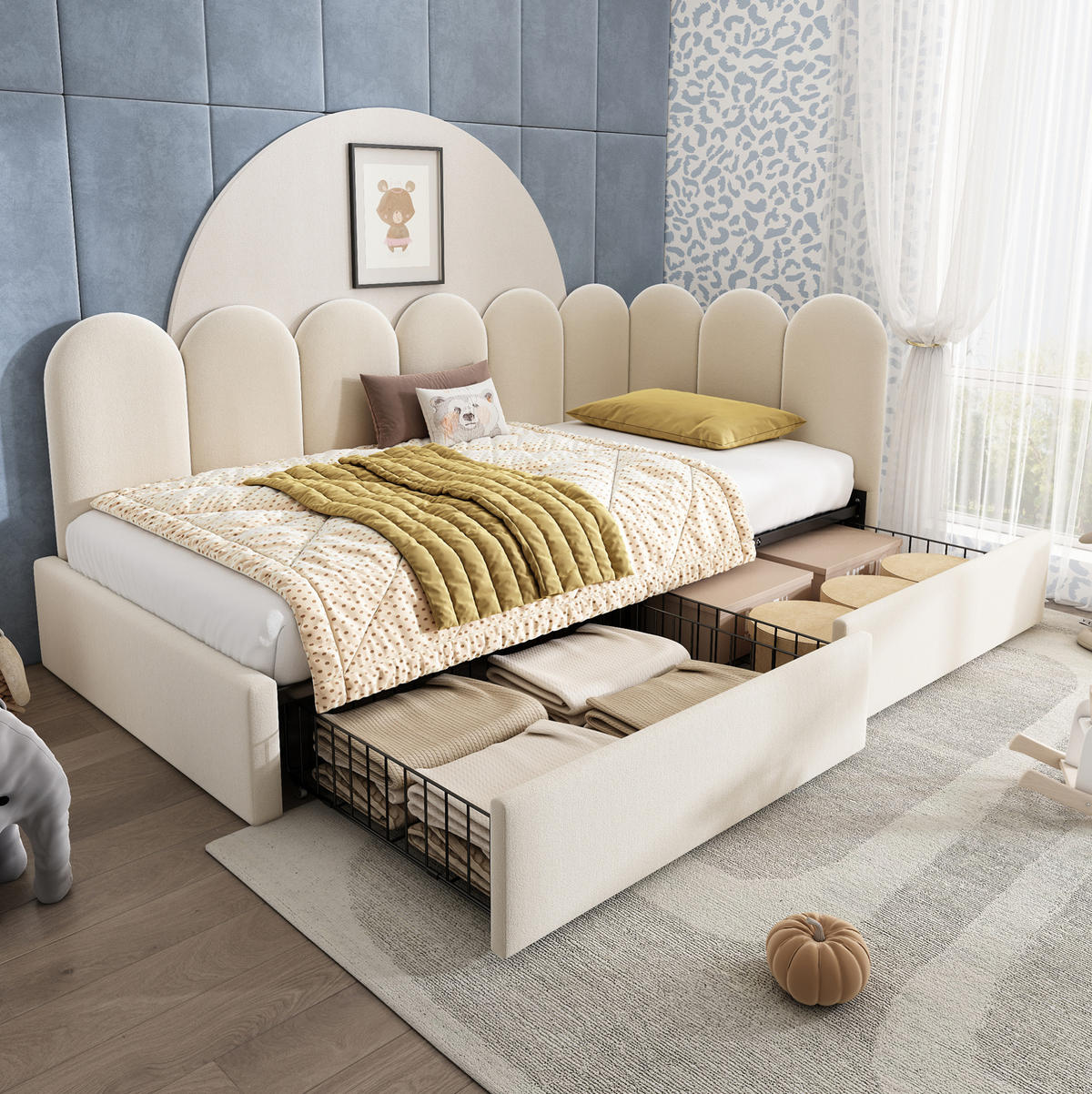 POLSTERBETT 90/200 cm mit 2 Schubladen, austauschbaren Seitenteilen und Samtbezug, Beige - Beige, Textil (90/200cm) - Redom