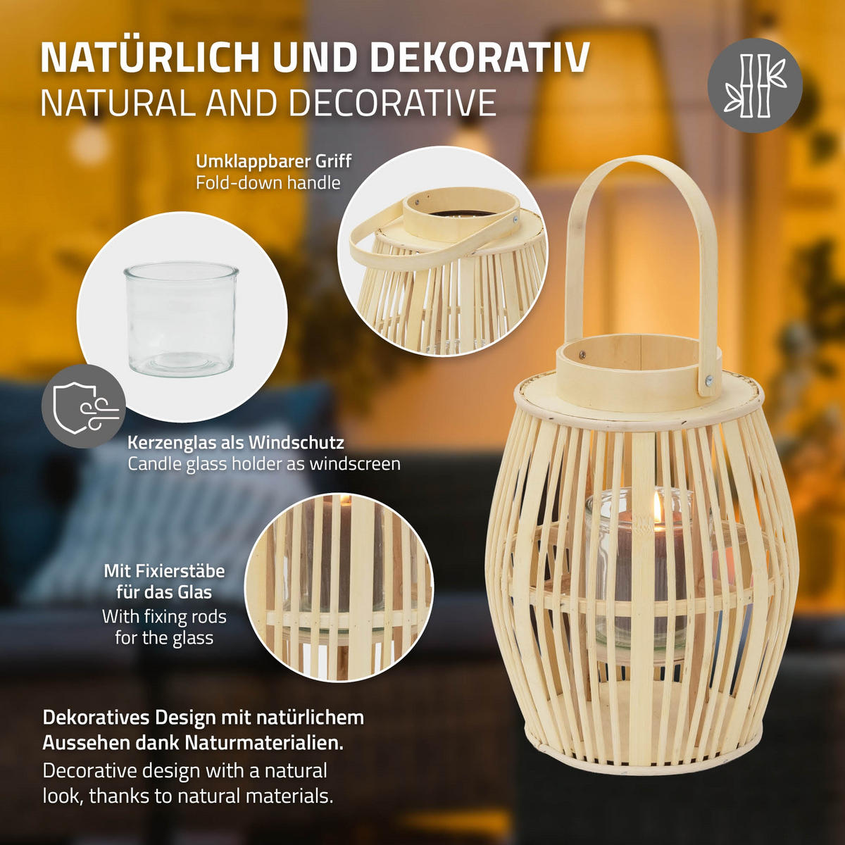 BAMBUSOVÁ LUCERNA V: 44 cm, barva dřeva, styl boho - přírodní, dřevo (23/30/23cm) - ECD-Germany