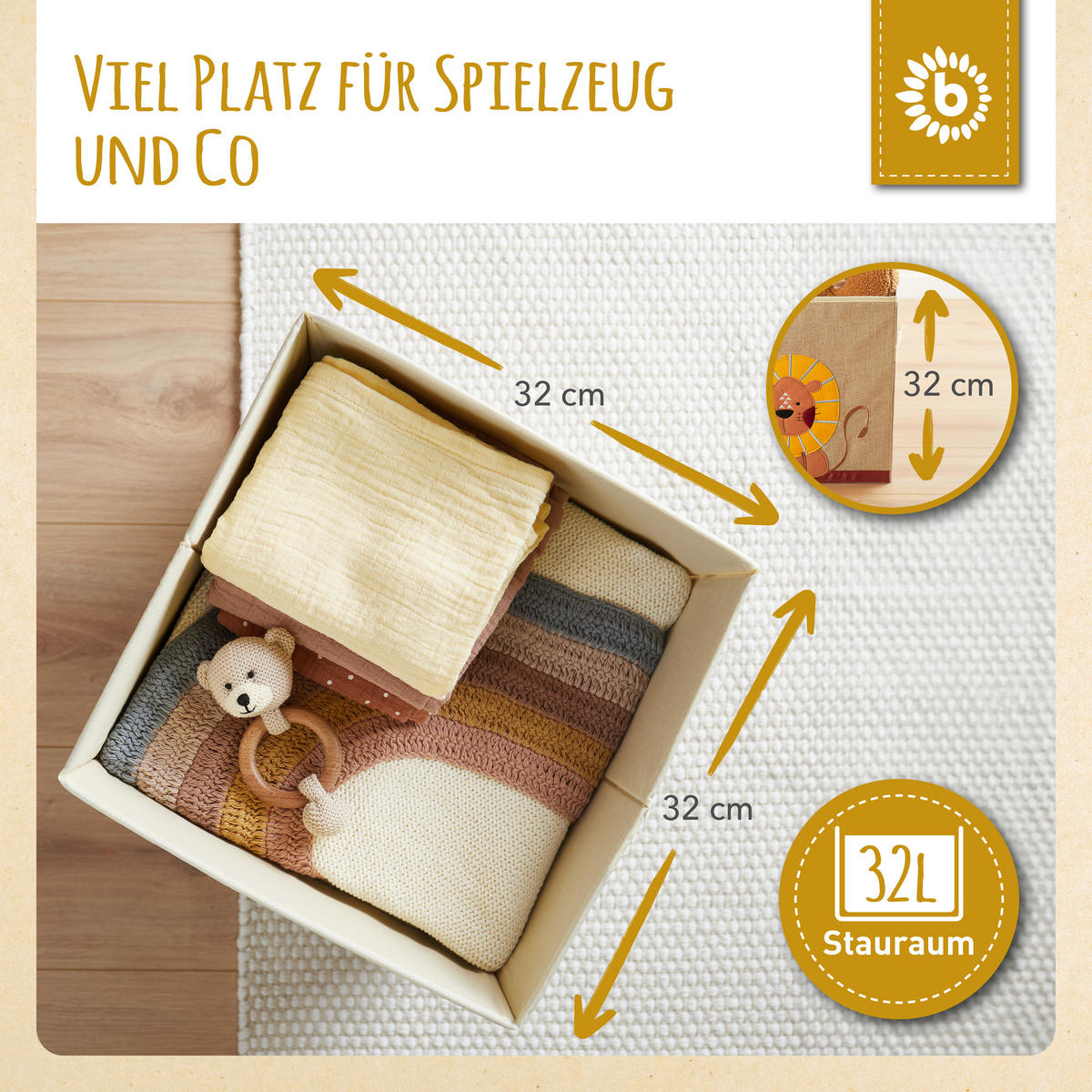AUFBEWAHRUNGSBOX Kinder Kallax Löwe - Beige/Gelb, Textil (33/33cm) - Bieco Spielwaren