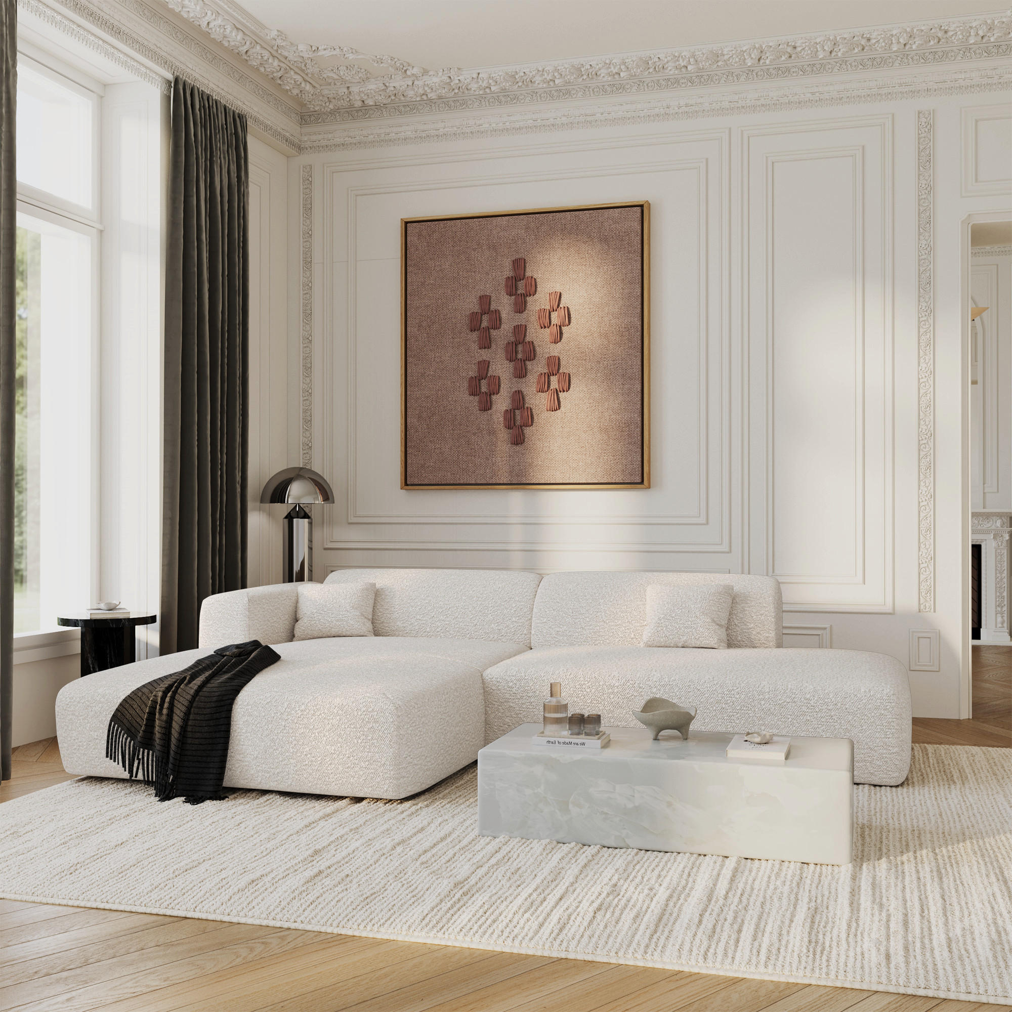 ECKSOFA LINKS Bouclé-Stoff Creme 310cm - Creme, Textil (310/96cm) - Sia Home