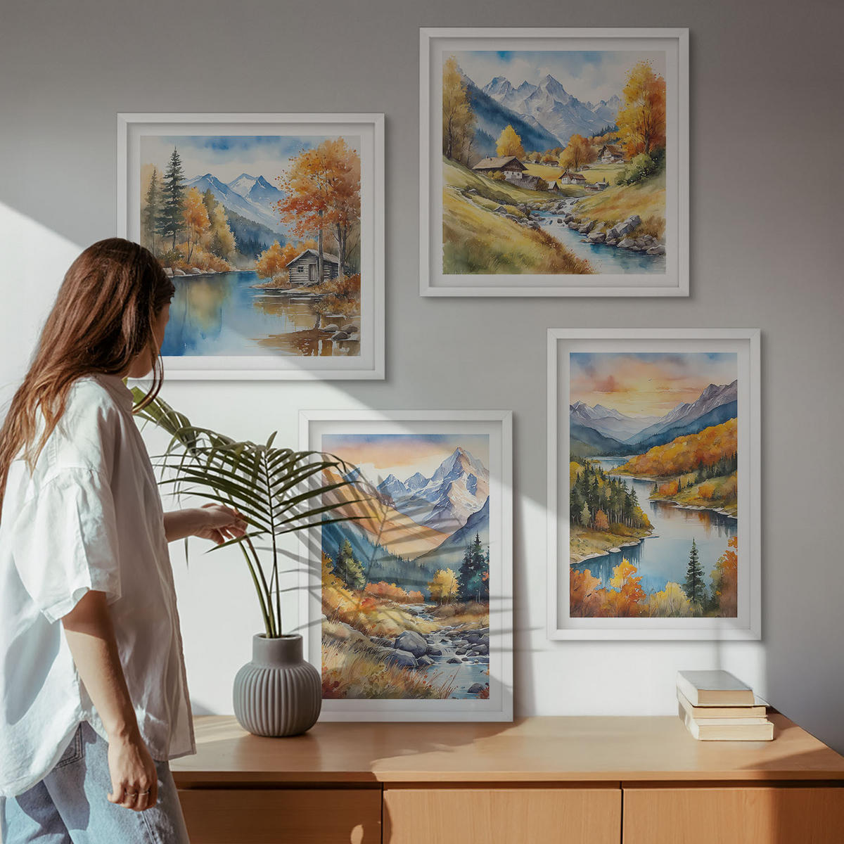 BILDER SET 4er Set - 50x50 cm & 40x60 cm Weißer Rahmen - Berglandschaft mit einem Fluss - Weiß, Kunststoff (50/50cm) - TULUP
