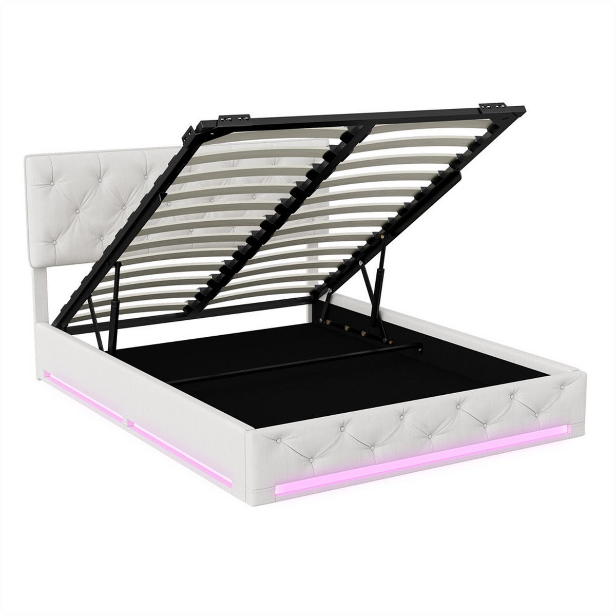 POLSTERBETT 140x200 cm mit LED-Beleuchtung - hydraulischem Bettkasten - ohne Matratze - Off-White - Creme, Textil (140/200cm) - DELFA