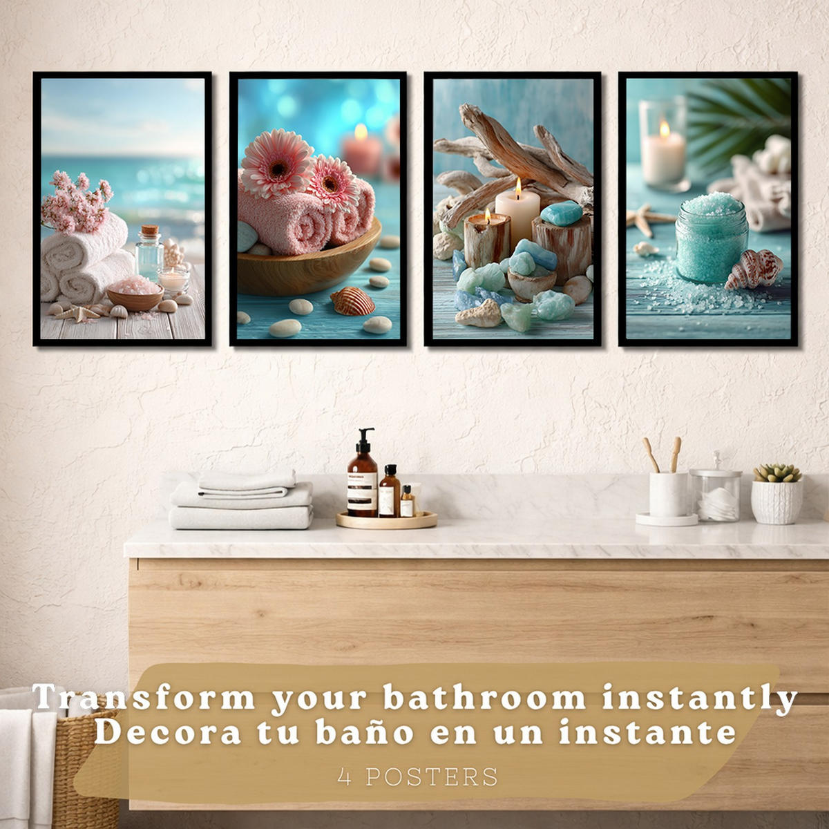 POSTER 4er-Set Badezimmer-Wandposter, Strand-Spa-Poster für Waschbecken, Dusche, WC mit Muscheln, Kerzen, Handtüchern und Meersalz Schwarzer Rahmen A4 - Schwarz, Papier (29.7/21/3cm) - Nacnic