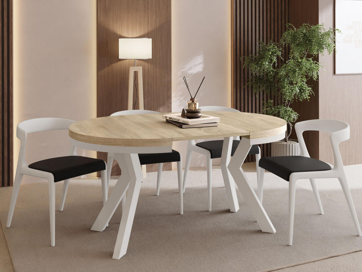 ESSTISCH Savio Weiß Neo rund ausziehbar verlängerbar, Eiche Sonoma Hellbraun 80-130/80/77 cm - Weiß/Sonoma Eiche, Holz/Holzwerkstoff (80/80/77cm) - WFL GROUP