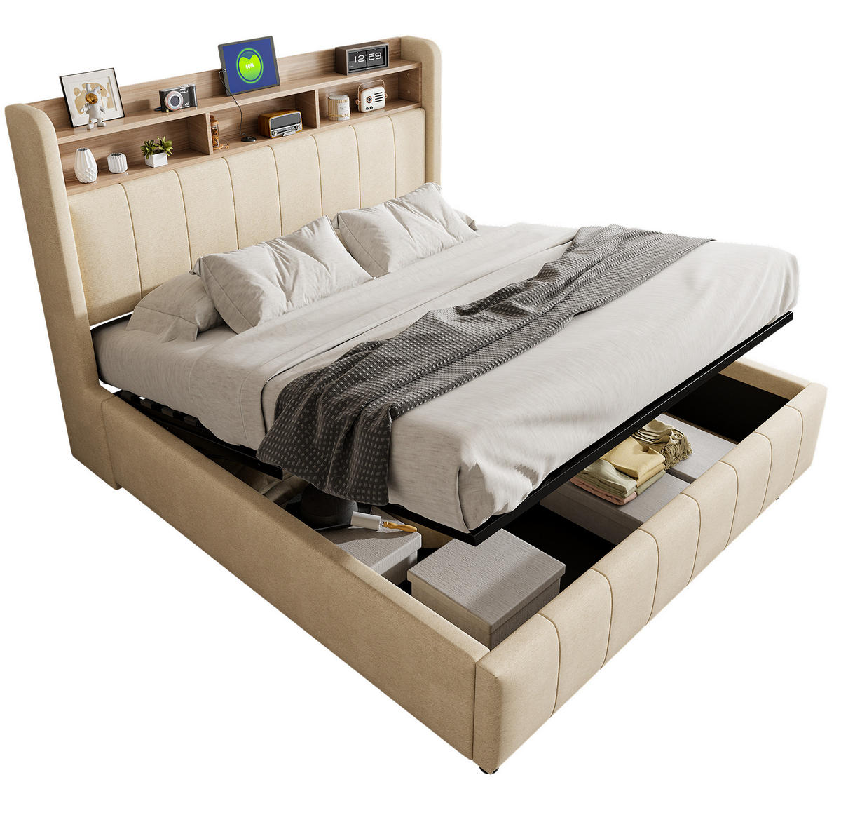 POLSTERBETT 160/200 cm mit Bettkasten, LED-Beleuchtung und gepolstertem Kopfteil - Beige, Textil (160/200cm) - BEAOK
