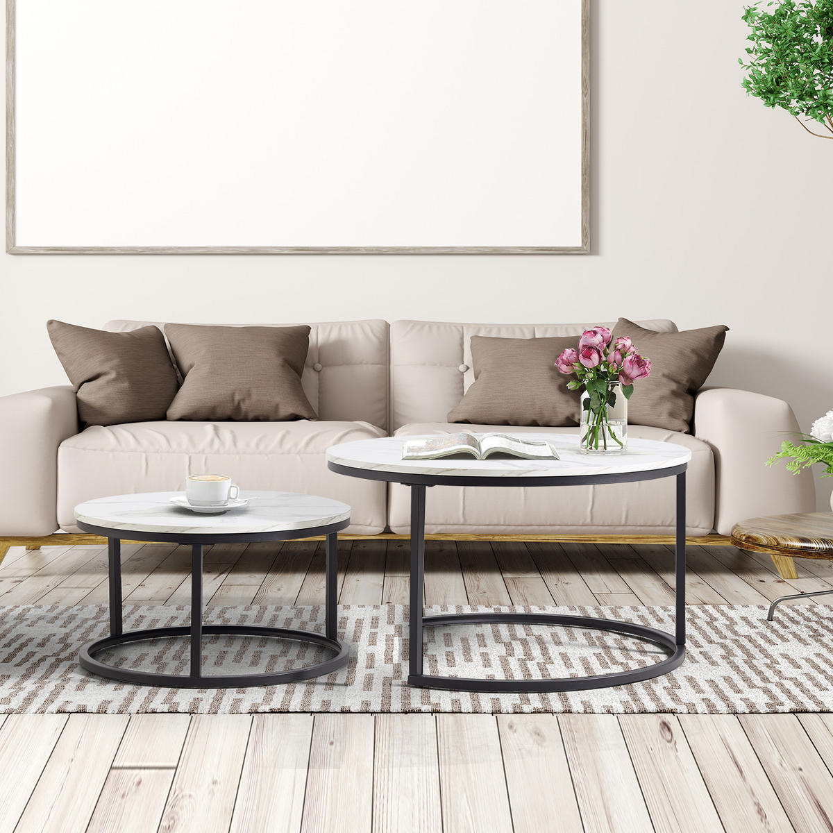 COUCHTISCH 45/80 cm im 2er-Set in Weiß/Schwarz mit Marmoroptik - Weiß, Holzwerkstoff (80/80/45cm) - OKMYHOME