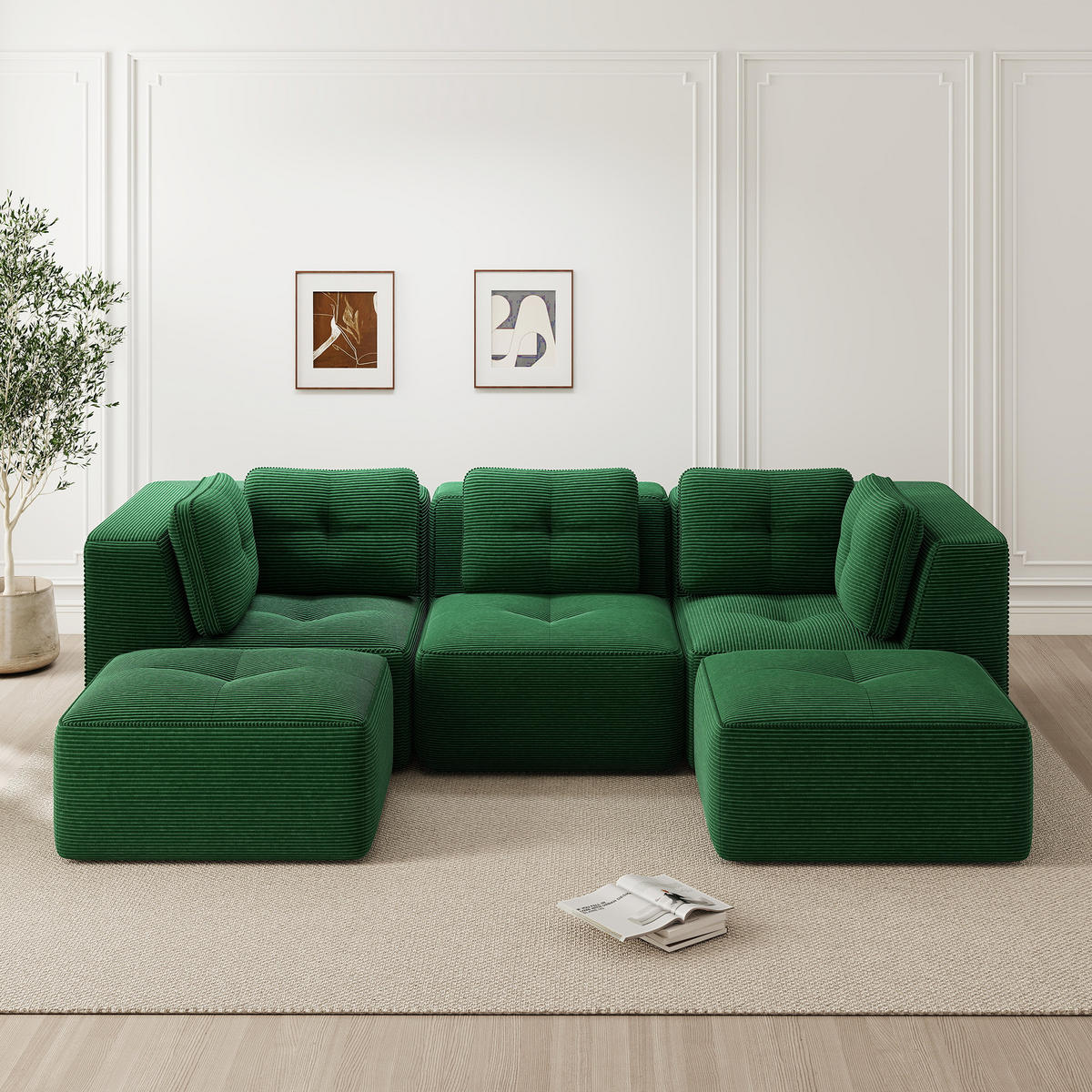 3-SITZER Sofa 297x177x69 cm aus Cordstoff rahmenlos modular mit 2 Ottomans, grün - Grün, Textil (177/69/297cm)