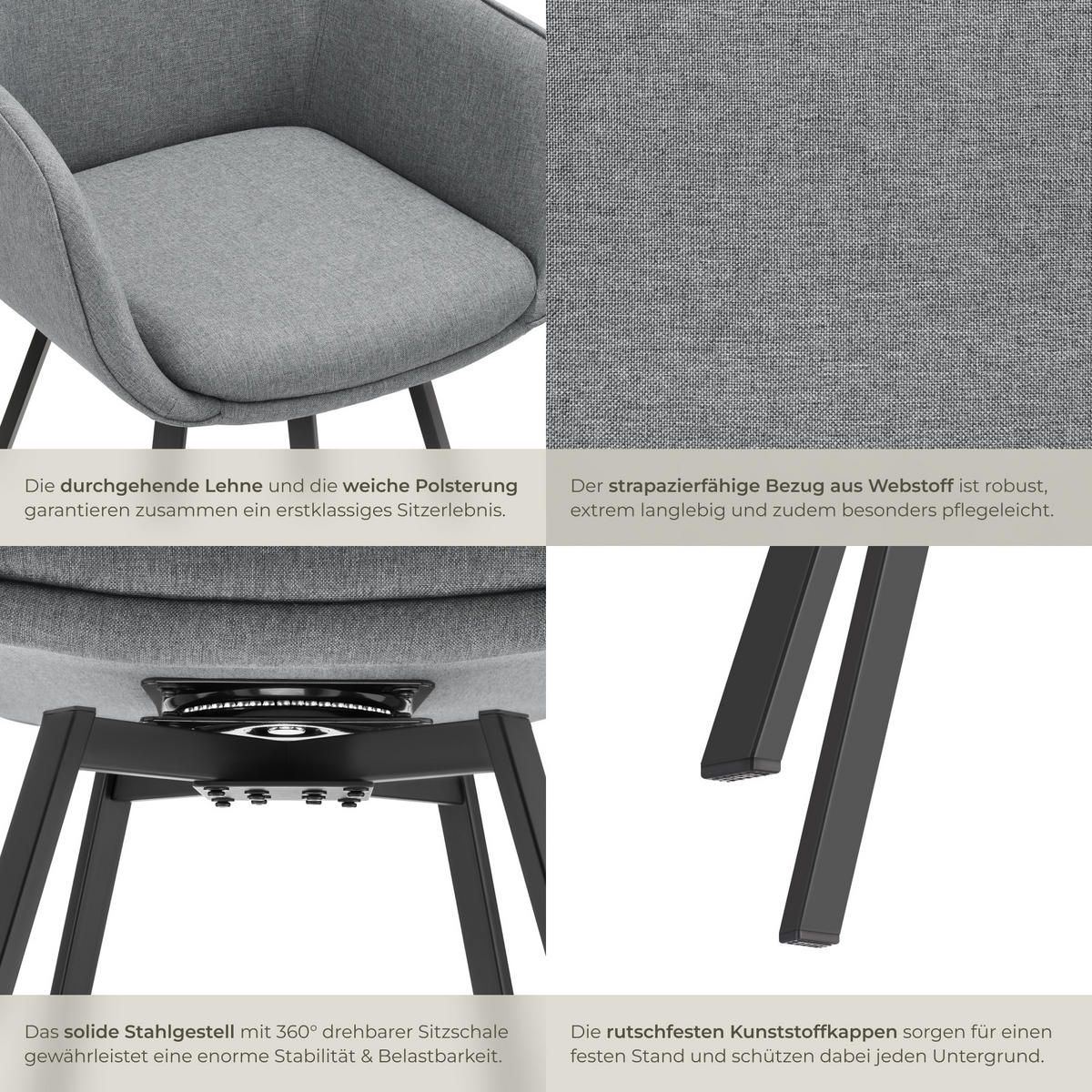 ARMLEHNSTUHL 2er Set drehbar Alicon 0,57 x 59 x 88 cm, anthrazit - Anthrazit, Textil (57/88/59cm) - tectake