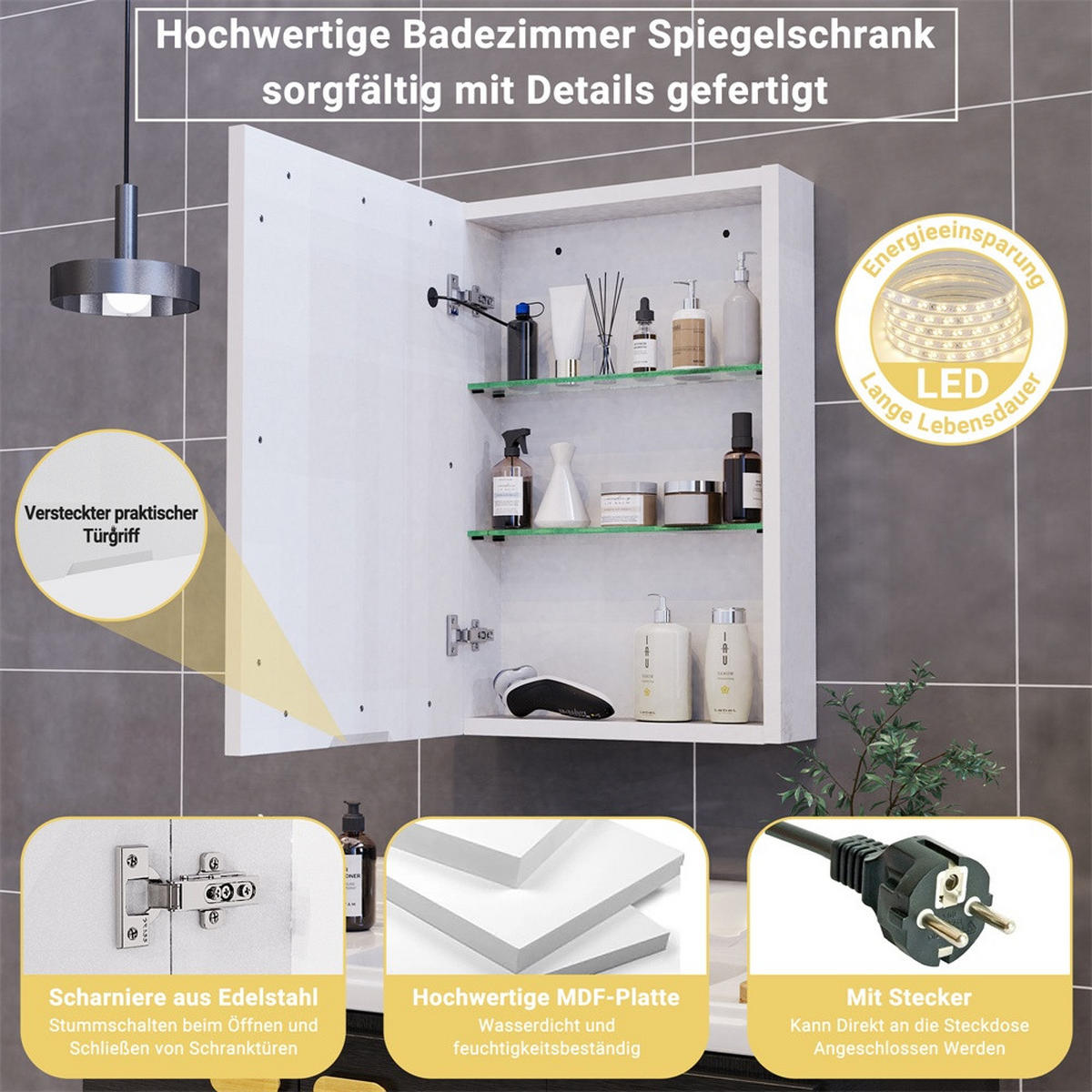 SPIEGELSCHRANK - eintürig - mit LED-Beleuchtung -Funktion und verstellbaren Glasablagen - Weiß - Weiß, Holzwerkstoff (12.5/70/50cm) - DELFA