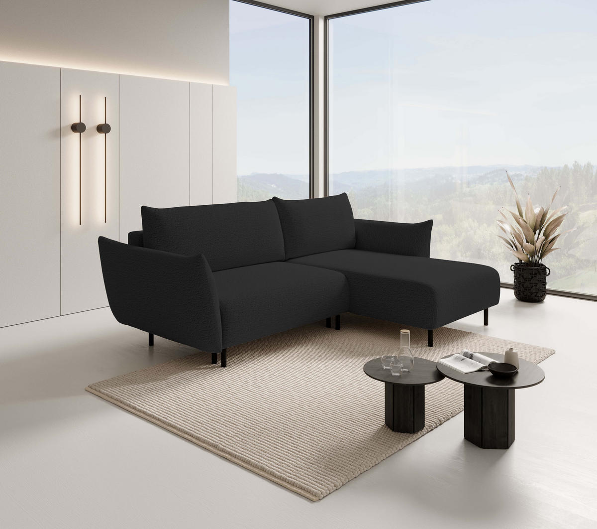ECKSOFA ADEL mit Schlaffunktion und Bettkasten, L-förm, Metallbeine, verstellbar lose Rückenkissen, freistehend, RECHTS, 257x171x90 cm, Black - Schwarz, Holz/Textil (257/171cm) - DomoHome