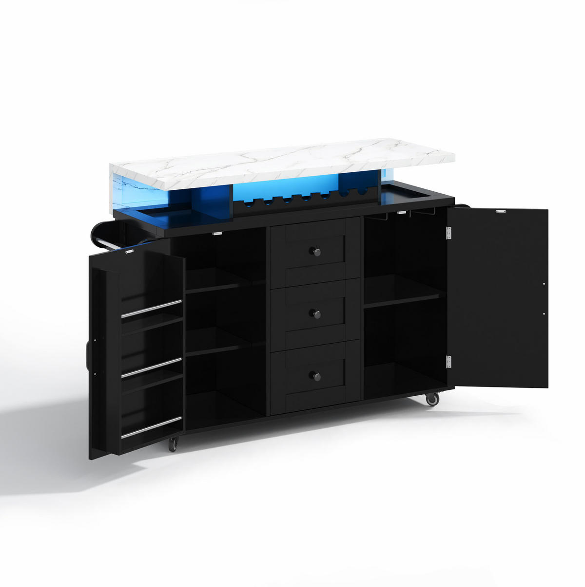 KÜCHENINSEL aus MDF 138x60x93 cm Schwarz mit klappbarer Arbeitsplatte, LED-Beleuchtung und 5 Rollen - Schwarz, Holzwerkstoff (138/93/60cm) - Modfu