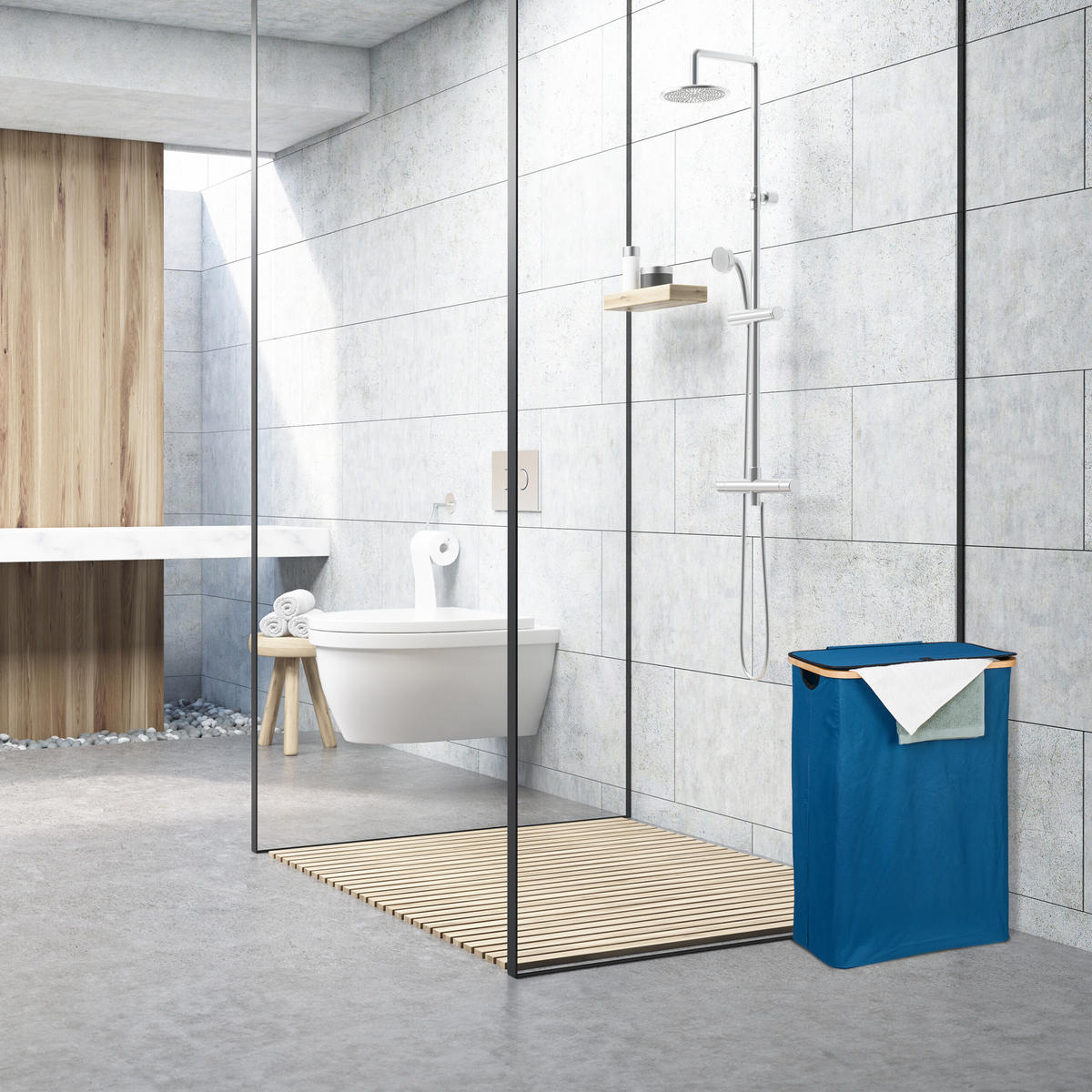 WÄSCHEKORB - Dunkelblau, Holz/Textil (54/75/34cm) - Relaxdays