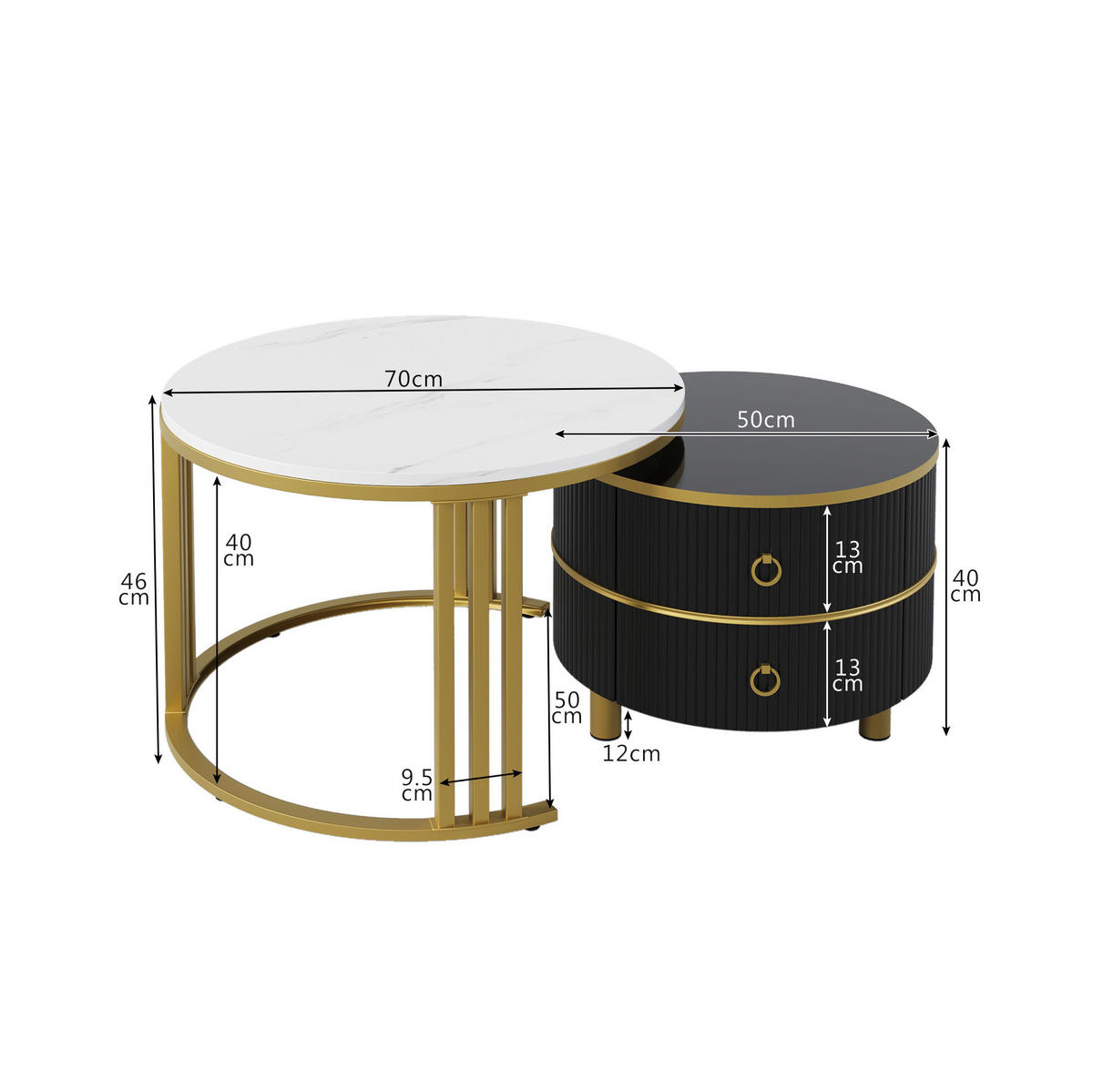 COUCHTISCH-SET aus MDF 70x70x46 cm und 50x50x40 cm Schwarz-Gold mit 2 Schubladen - Schwarz, Holzwerkstoff (70/70/46cm) - IVMEU