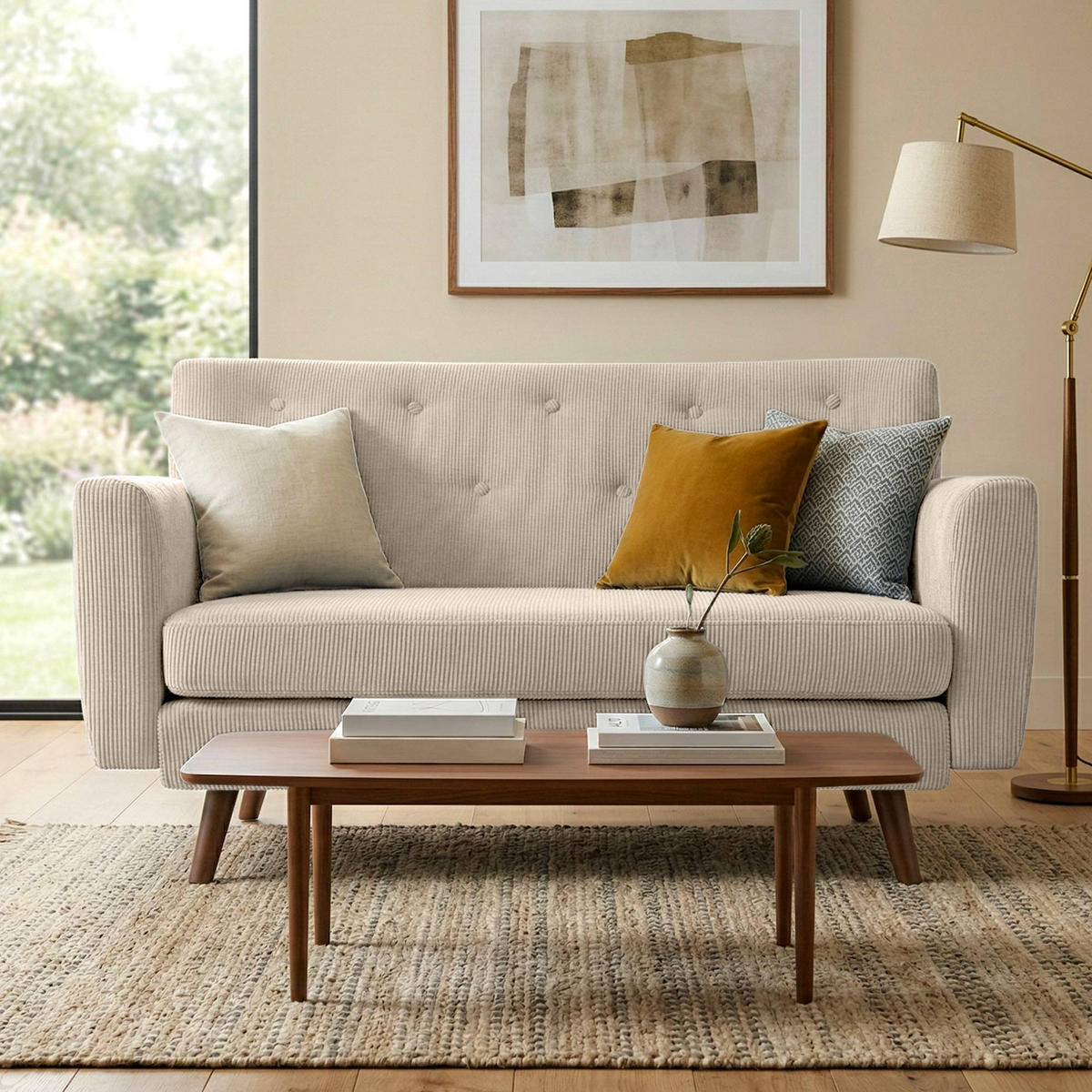 SOFA Arne Cord 2-Sitzer 120x74x81cm Cord Creme Couch - Creme, Kunststoff (120/81/74cm) - DELUKE