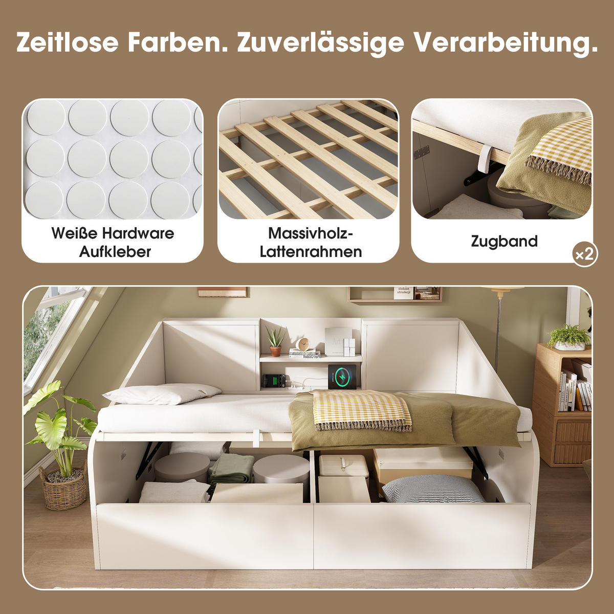 POLSTERBETT 140/190 cm mit Hydraulik-Stauraum, USB- und Type-C-Ladestation, Ablagefächern, Weiß - Weiß, Textil (140/190cm) - Redom