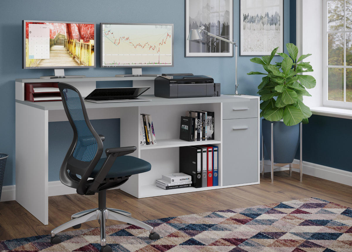 SCHREIBTISCH grau, weiß 160 - 200 x 92 cm, Eckschreibtisch mit Stauraum - Silberfarben/Weiß, Holzwerkstoff/Kunststoff (115/160/92cm) - Top.Furn