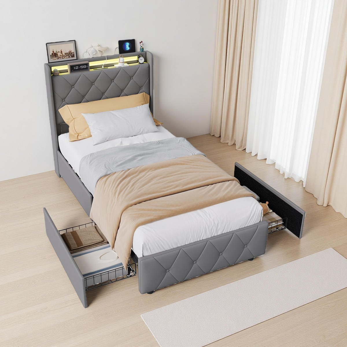 POLSTERBETT 90x200cm Grau RGB LED Ladestation - Grau, Metall - SHOPENTRA