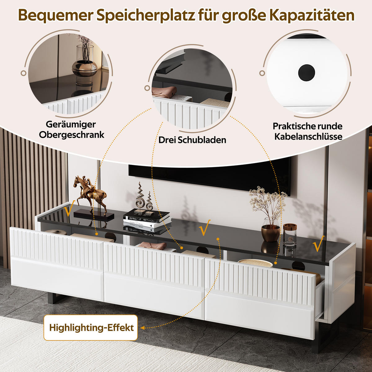 TV-STÄNDER 170x35x47 3 Schubladen Schwarz Weiß Design - Schwarz, Holzwerkstoff (35/47/170cm) - FLIEKS