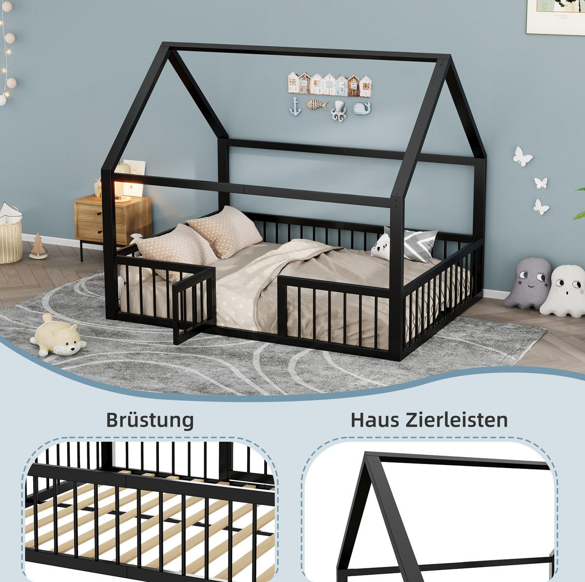 KINDERBETT 140/200 cm schwarz aus Metall mit Dach und Gitter - Schwarz, Metall (140/200cm) - OKWISH