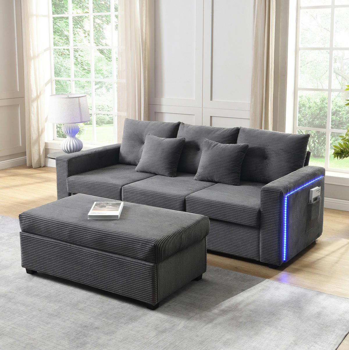 ECKSOFA 184/182,5/85,5 cm mit Hocker Antikgrau aus Cordstoff mit LED-Beleuchtung - Grau, Kunststoff (84.5/184cm) - OKWISH