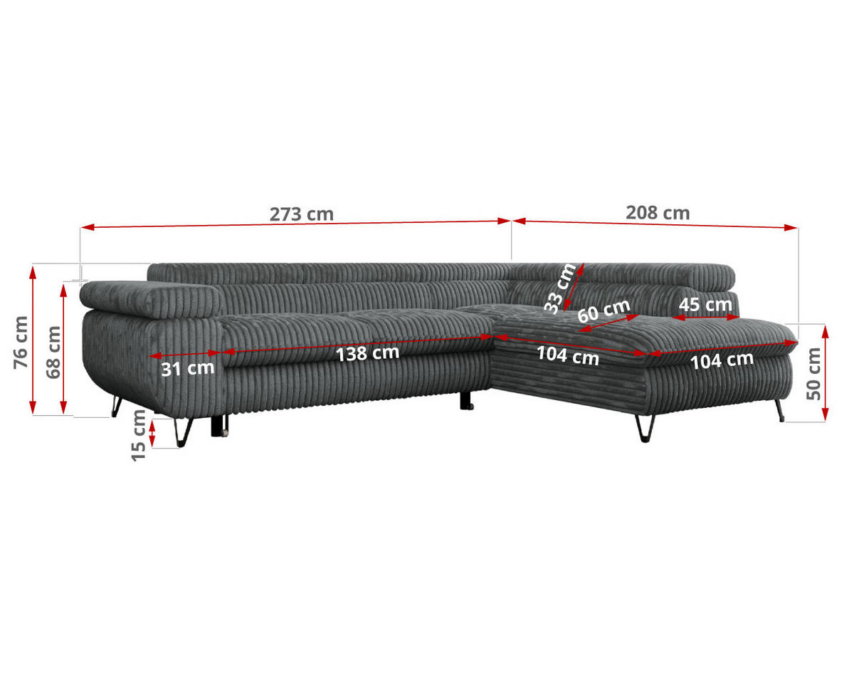 ECKSOFA PETER L Dunkelgrau Cord - Links Seite - Dunkelgrau/Schwarz, Textil/Metall (208/273cm) - MKS