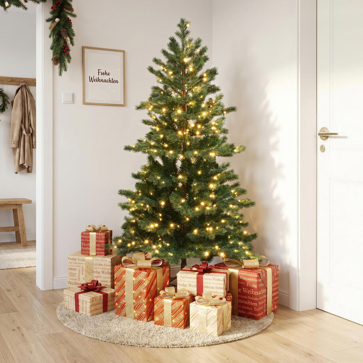 WEIHNACHTSBAUM 150 cm mit Beleuchtung, 1.068 PE-/PVC-Spitzen，250 LEDs - Grün, Kunststoff (150cm) - Hometopia