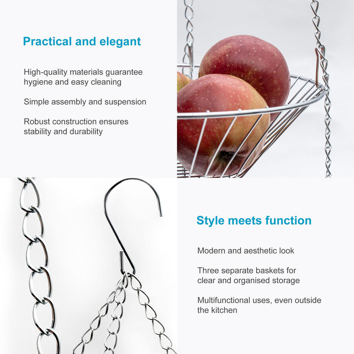KÜCHENAMPEL Obstkorb 22.5 / 25.5 / 28 x 73 cm - Silberfarben, Metall (28/73/28cm) - Intirilife