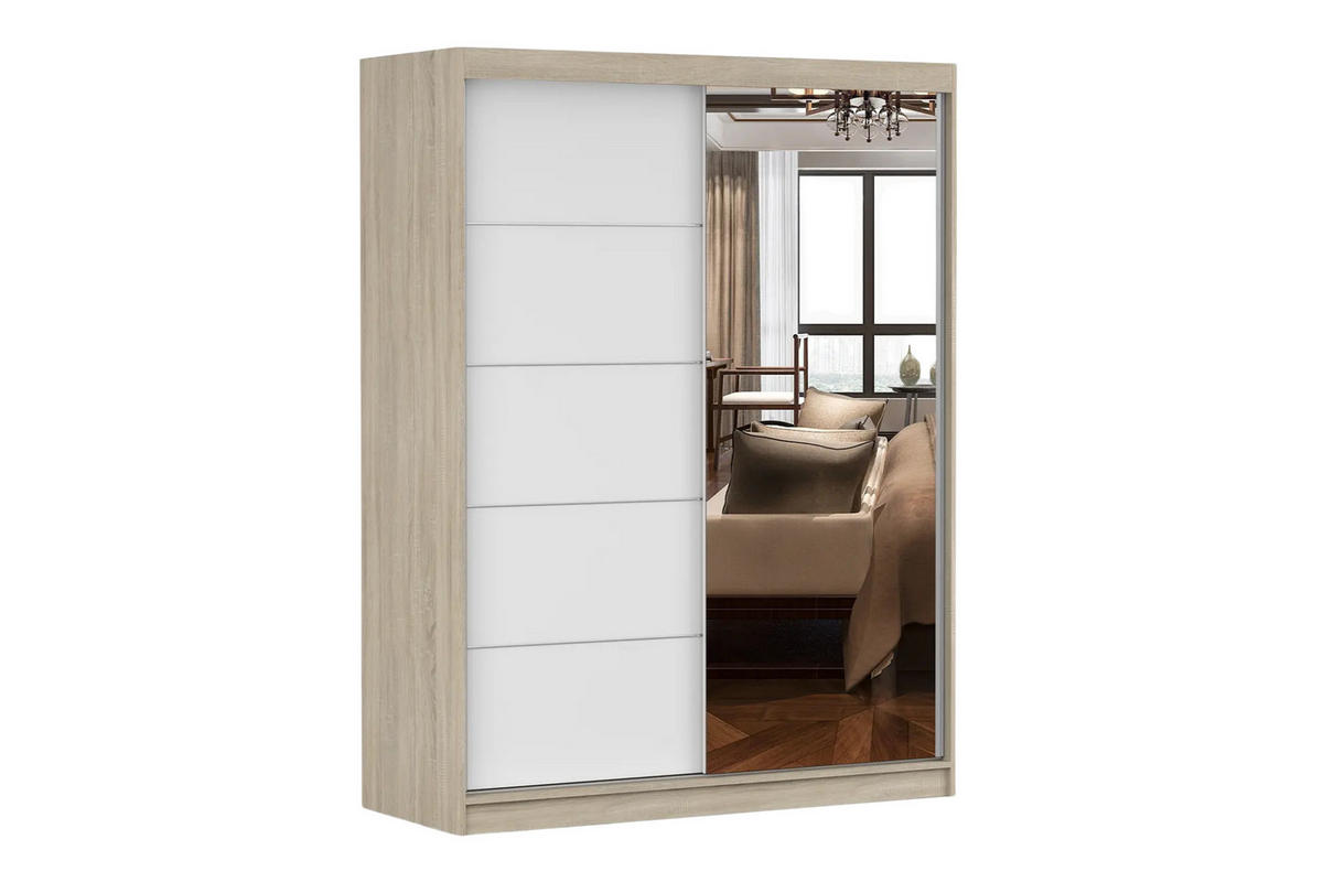 SCHWEBETÜRENSCHRANK VELMA 05 150/200 in Eiche Sonoma/Weiß mit Spiegel und LED - Eichefarben/Weiß, Holzwerkstoff (150/61/200cm) - Deine Möbel 24