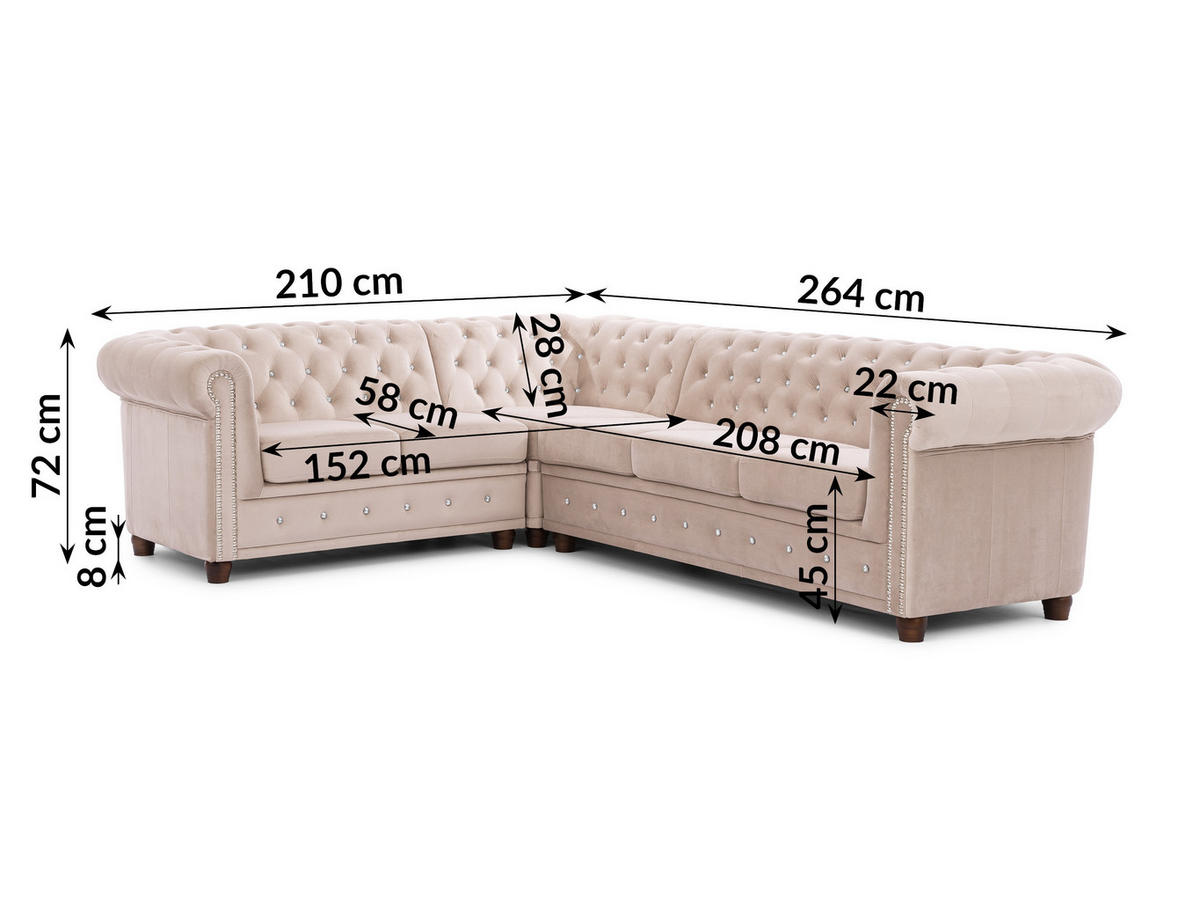 ECKSOFA Chesterfield Cleo Blink Beige Samt mit Kristallsteppung und braunen Massivholzfüßen - Ottomane Links - Beige/Braun, Holz/Textil (264/210cm) - S-Style Möbel